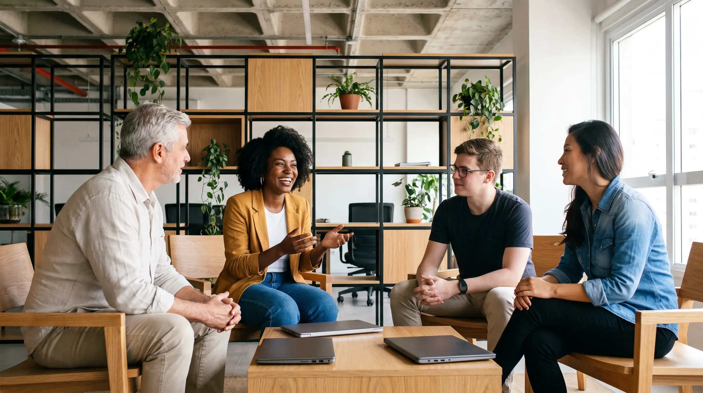 Quatro profissionais de idades e origens diferentes conversando sentados numa sala de coworking
