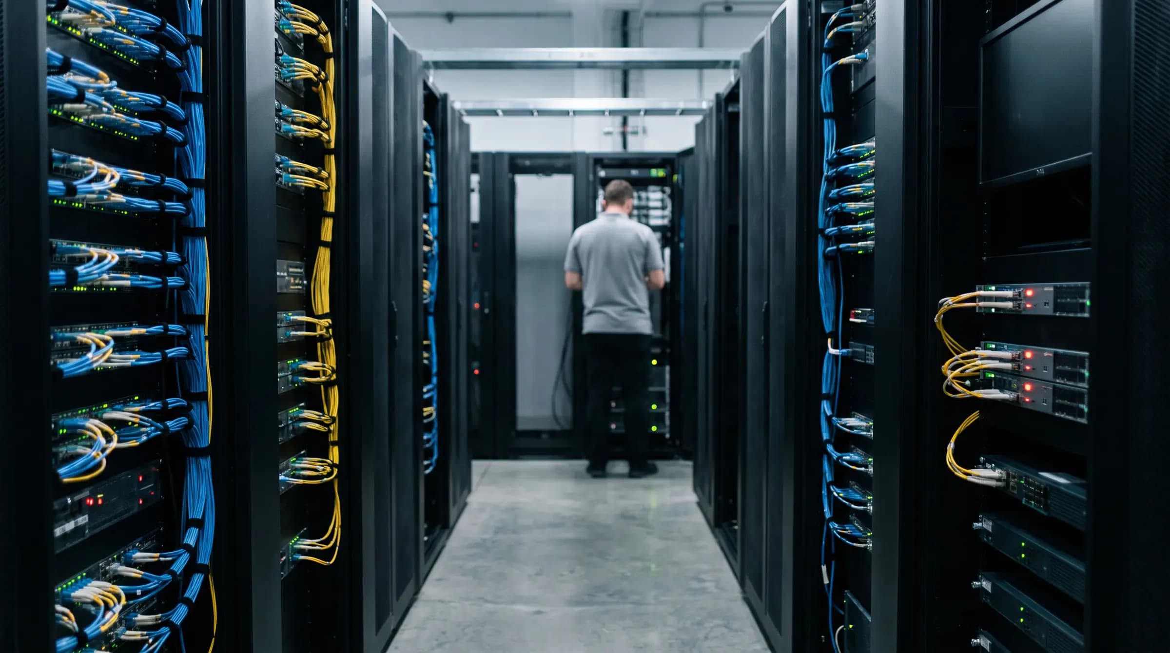 Corredor de datacenter com racks de servidores, cabeamento de rede organizado e luzes de status