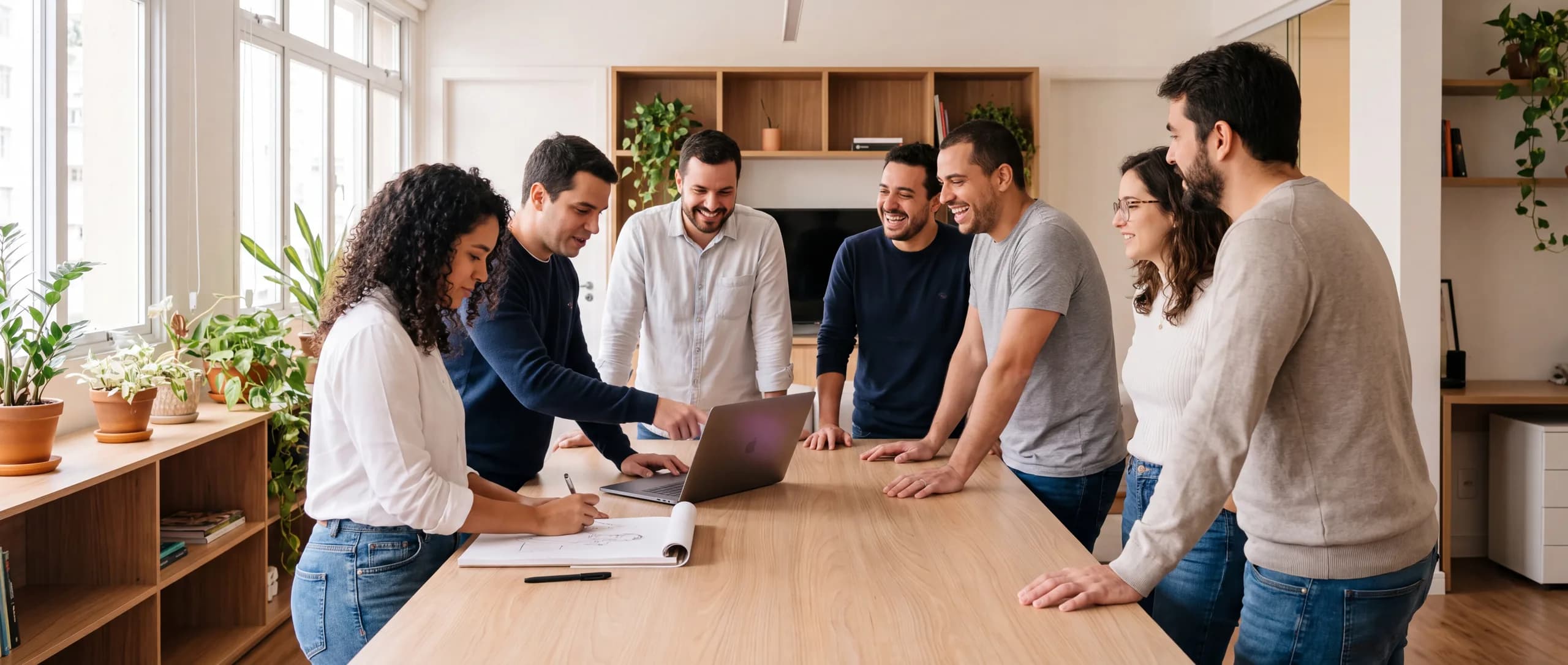 Grupo de colegas de idades e origens diferentes discutindo em pé ao redor de uma mesa, um deles desenhando numa folha grande