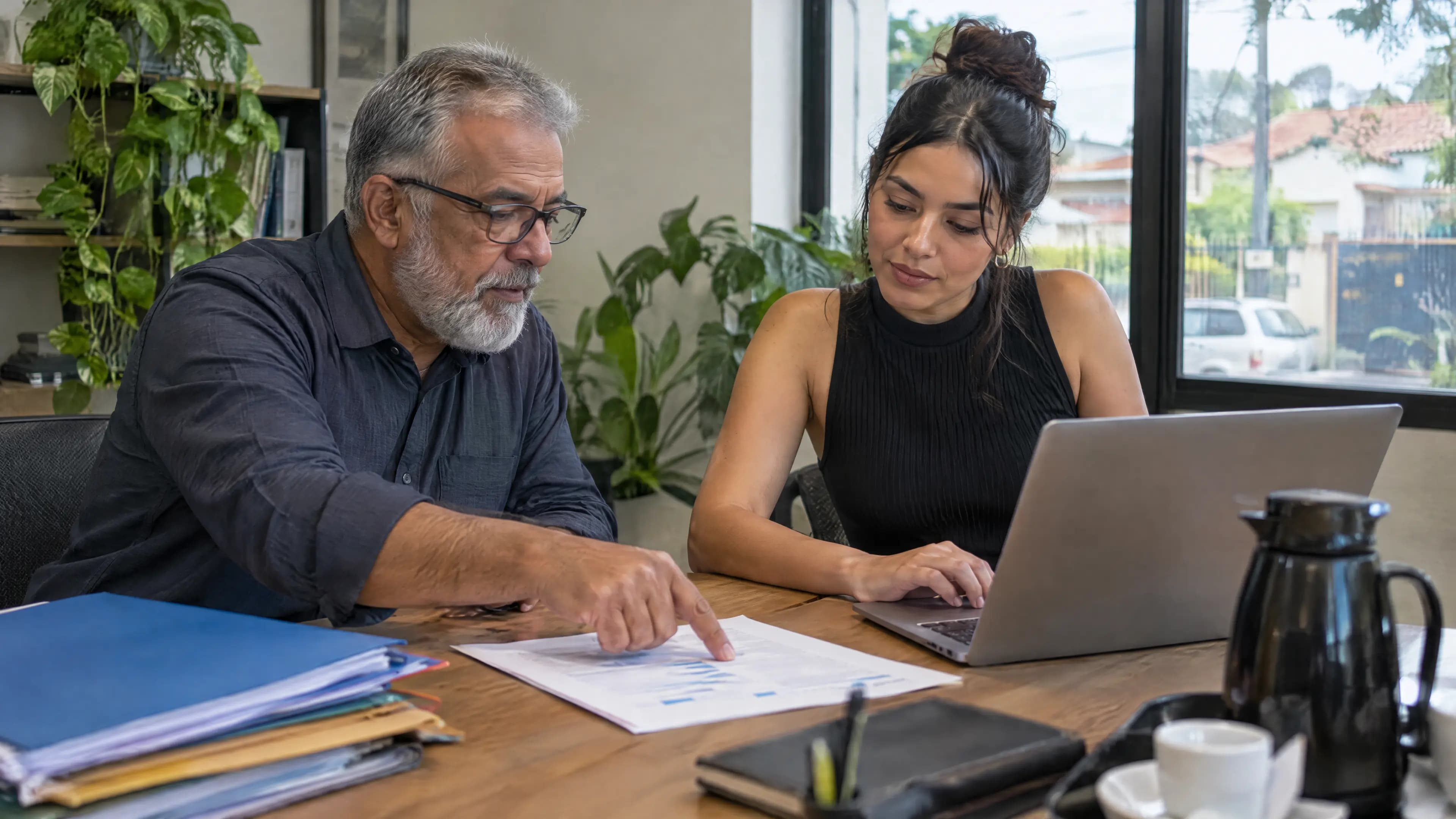 Contador aponta um item do relatório impresso enquanto a dona da empresa confere no notebook, na mesa de reunião