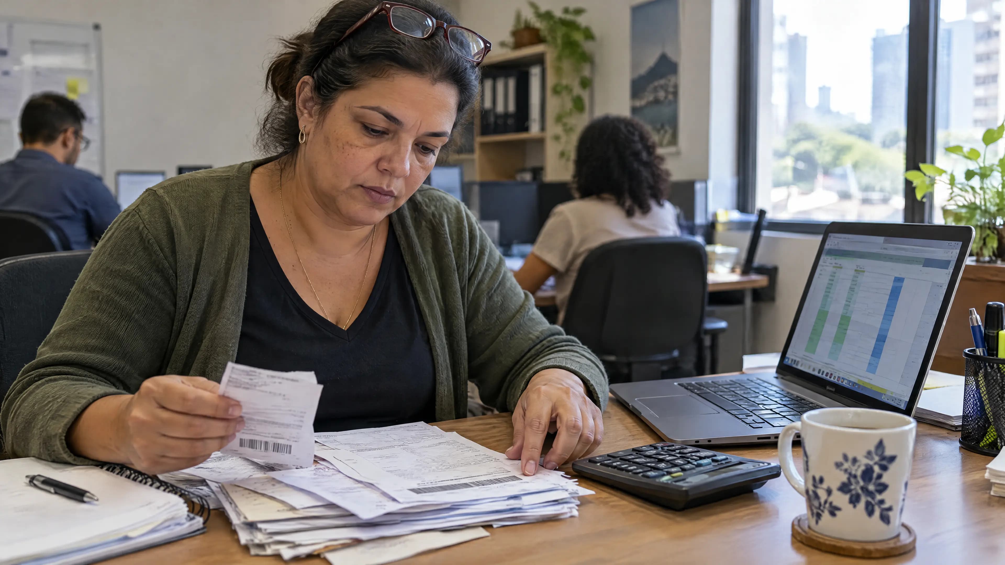 Analista financeira confere comprovantes e boletos ao lado do notebook, com a calculadora e o café na mesa