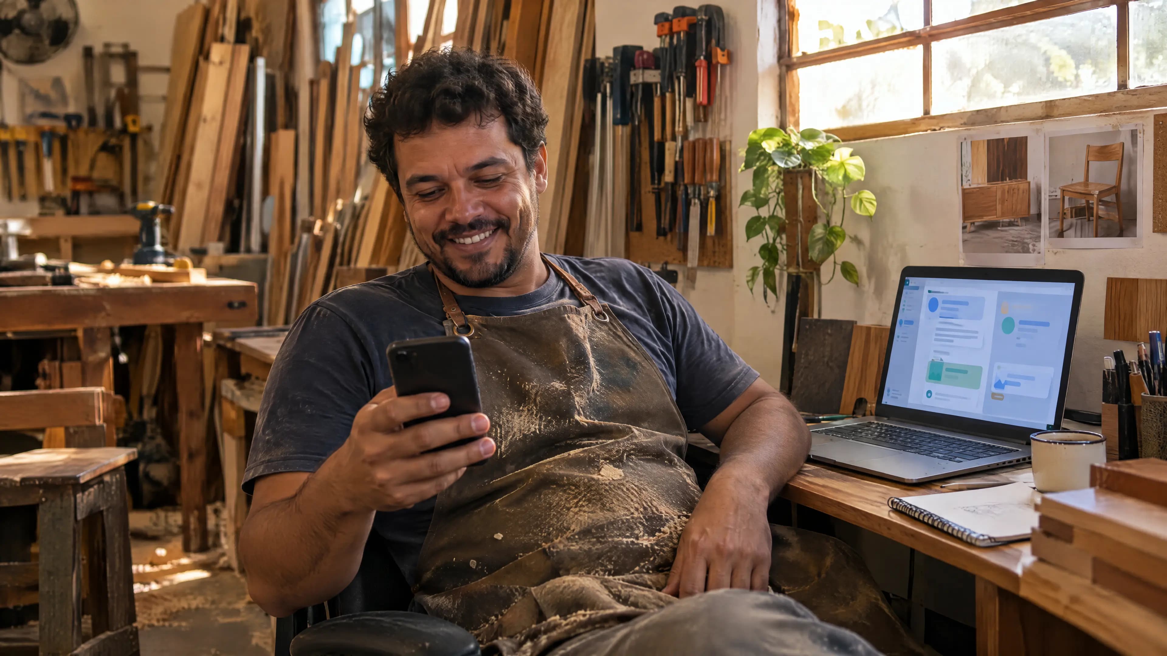 Dono de uma marcenaria sorri para o celular no cantinho do escritório da oficina, com o notebook aberto ao lado