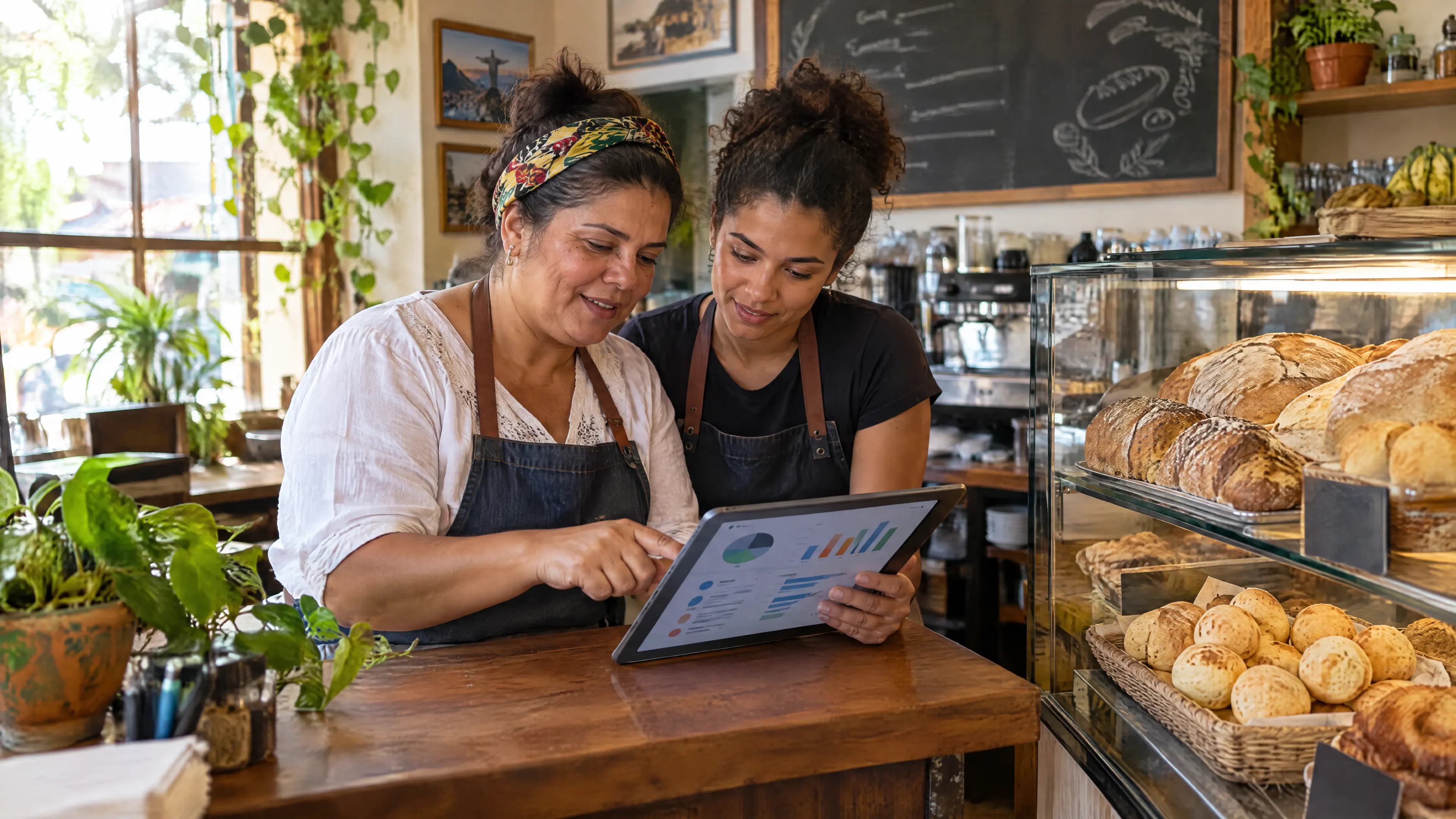 Dona de uma padaria e a gerente conferem juntas os números no tablet, atrás do balcão com pães e pão de queijo
