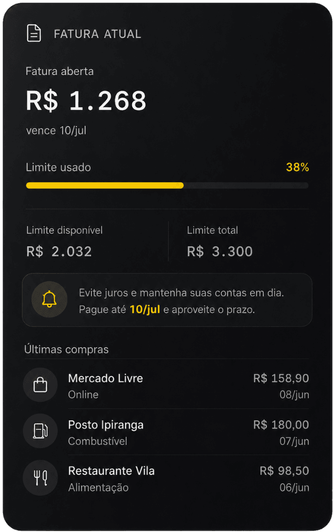 Fatura atual no Finnextho: limite usado, vencimento e últimas compras