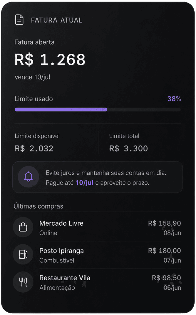 Fatura atual no Finnextho: limite usado, vencimento e últimas compras