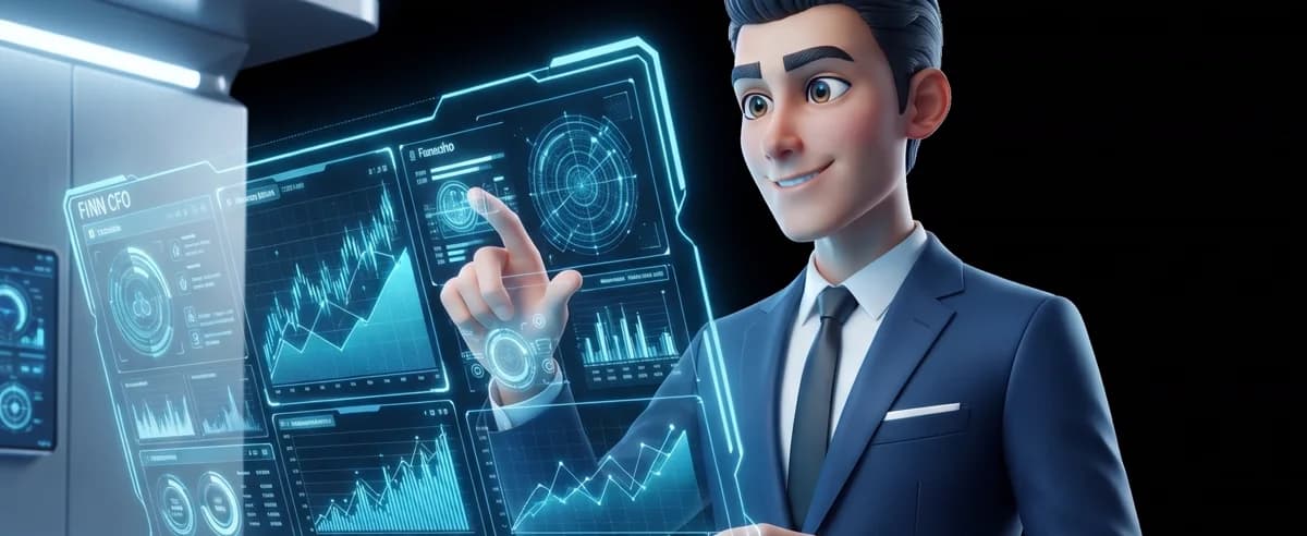 Finn operando o painel do Finnextho num estúdio holográfico