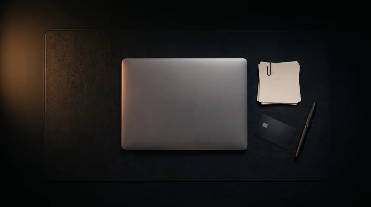 Laptop, faturas e cartão corporativo na mesma mesa de fechamento