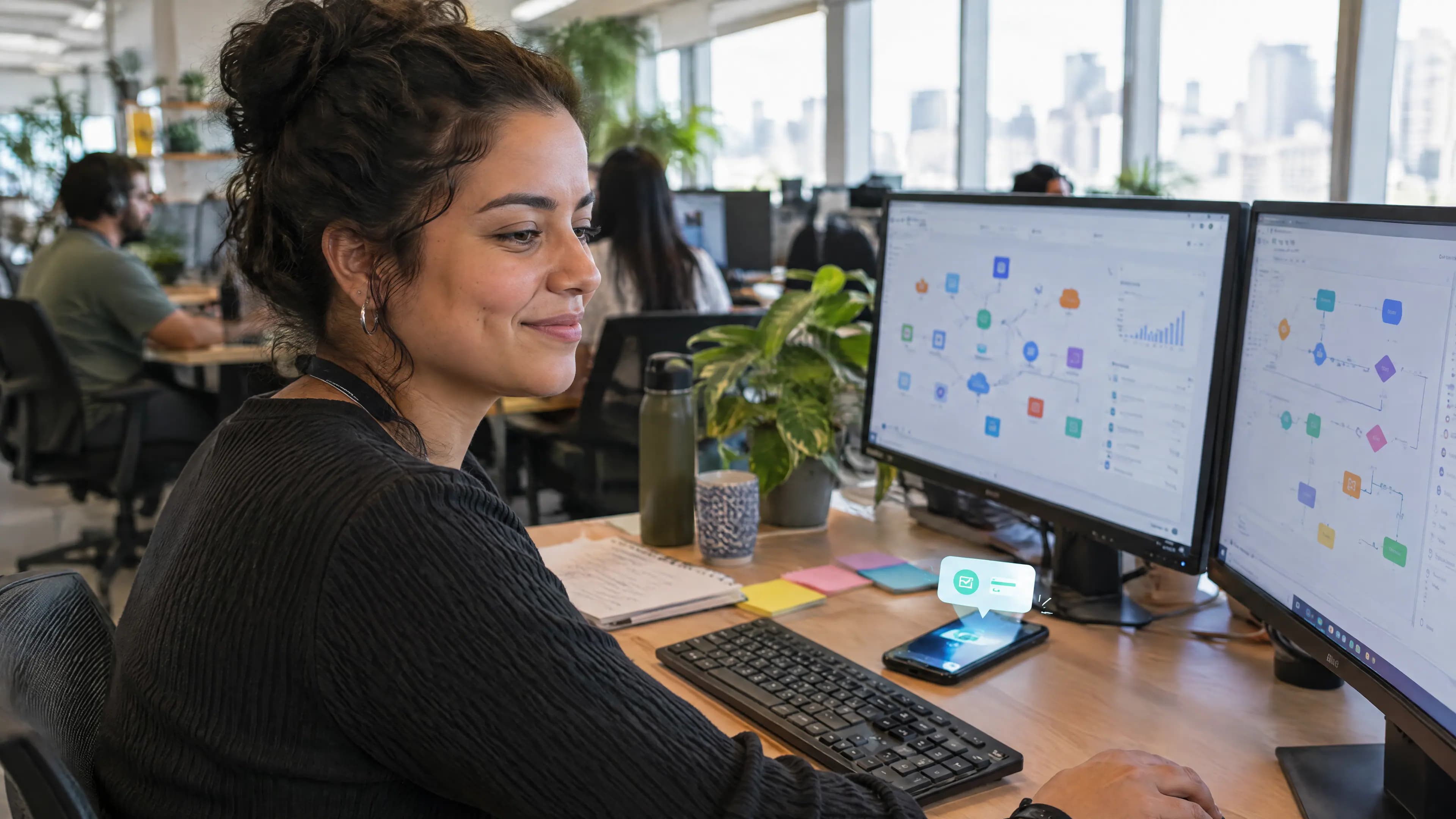 Analista de operações acompanha, em dois monitores, os sistemas conectados, com o celular mostrando uma notificação de pagamento