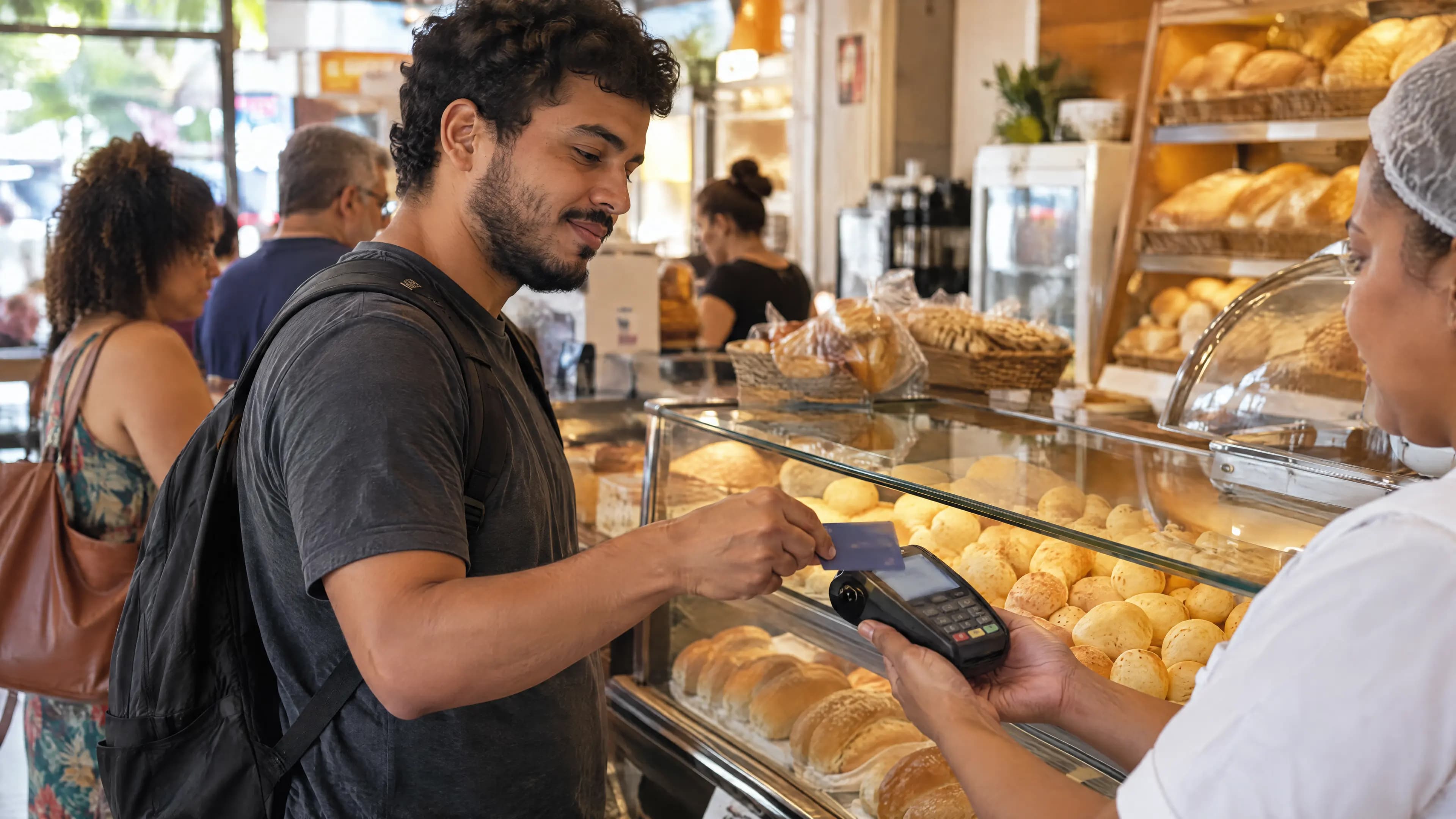 Rapaz paga com o cartão na maquininha do balcão de uma padaria, com pão de queijo na vitrine