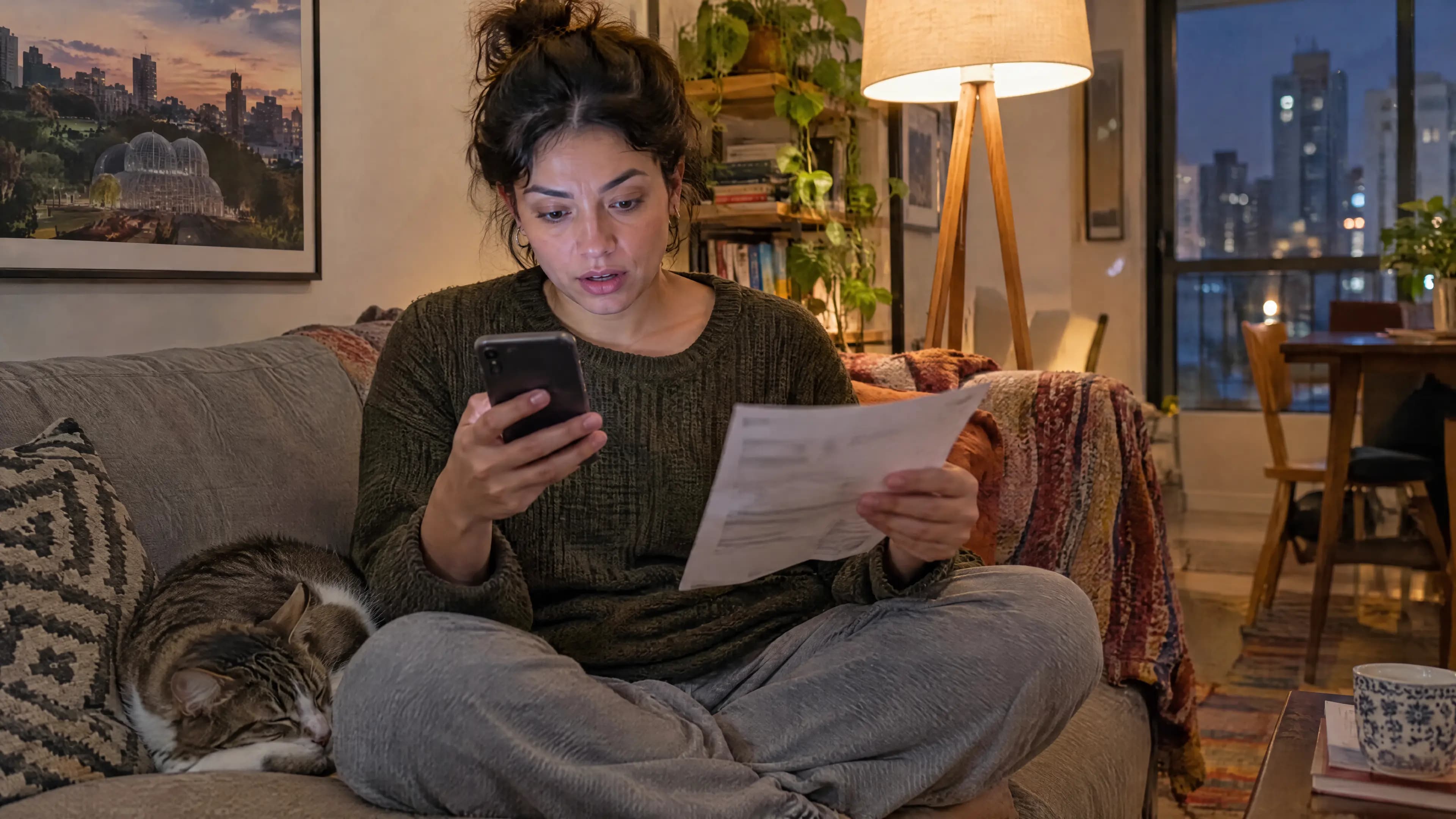 Moça sentada no sofá à noite confere a fatura no celular e no papel, com o gato dormindo ao lado