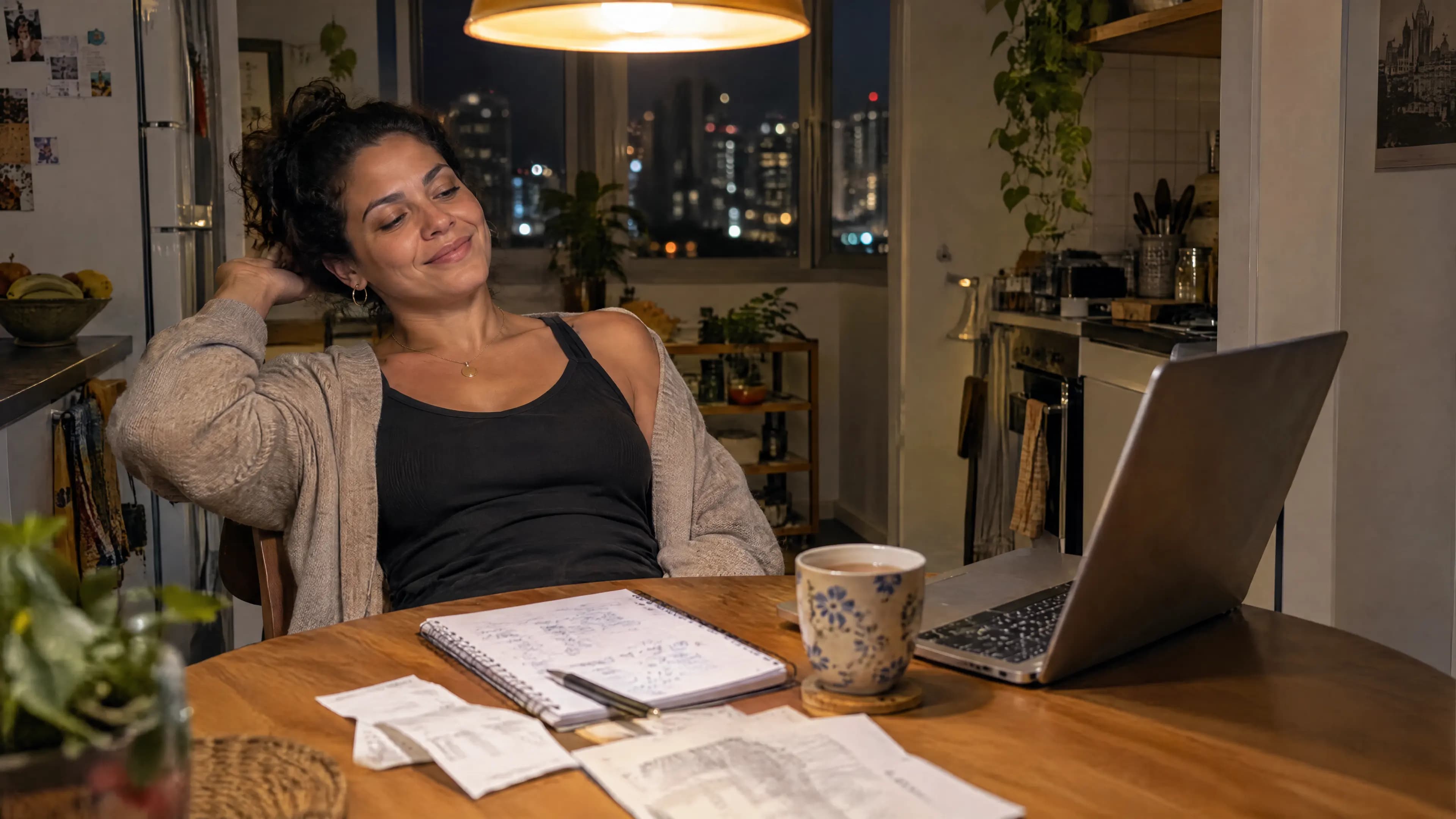Mulher à mesa da cozinha à noite, com o notebook, um caderno de contas e alguns recibos, sorrindo aliviada