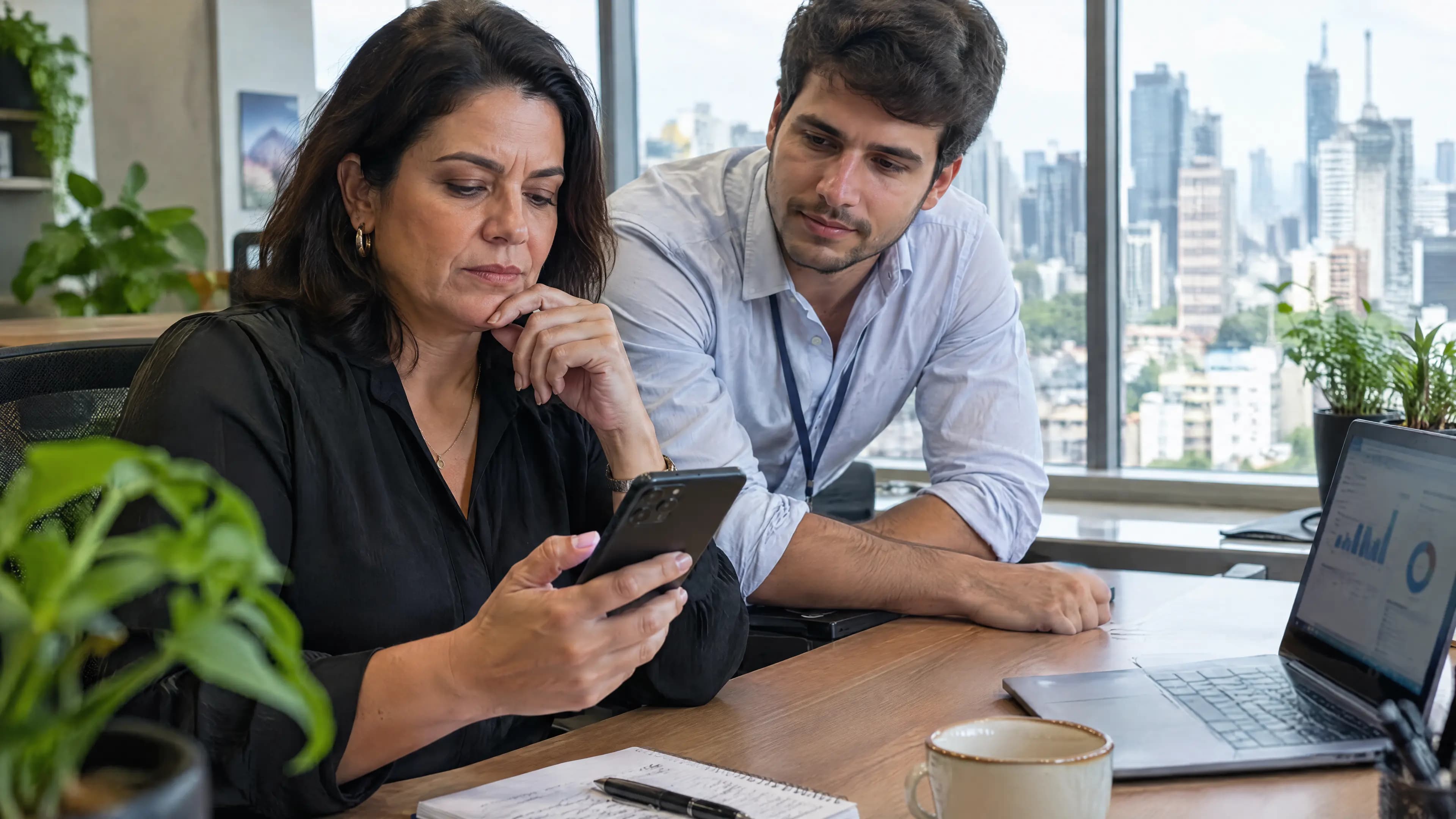 Gestora financeira olha o celular antes de aprovar um pedido, com um colega ao lado esperando a decisão