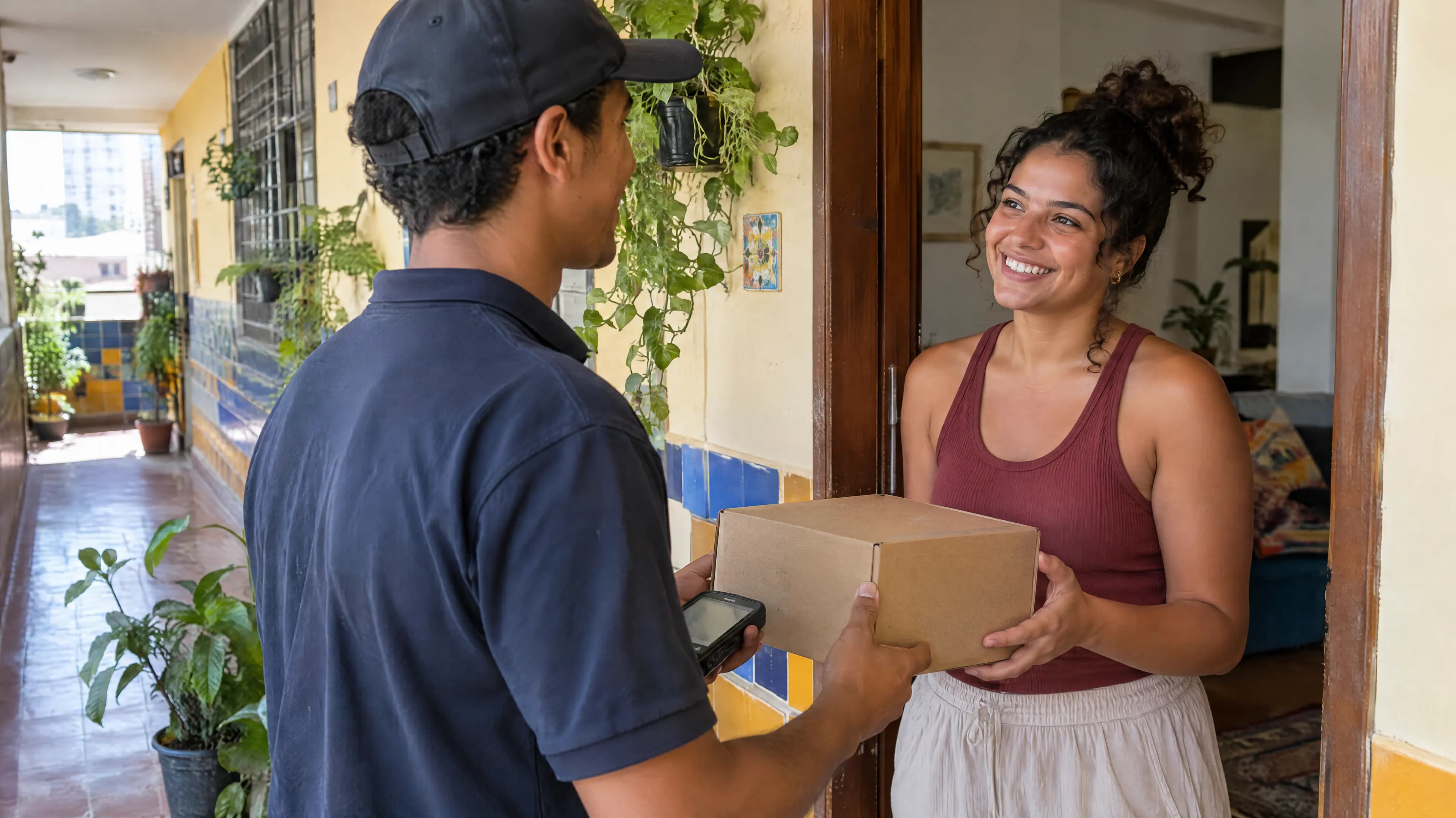 Cliente sorridente recebe o pedido do entregador na porta de casa