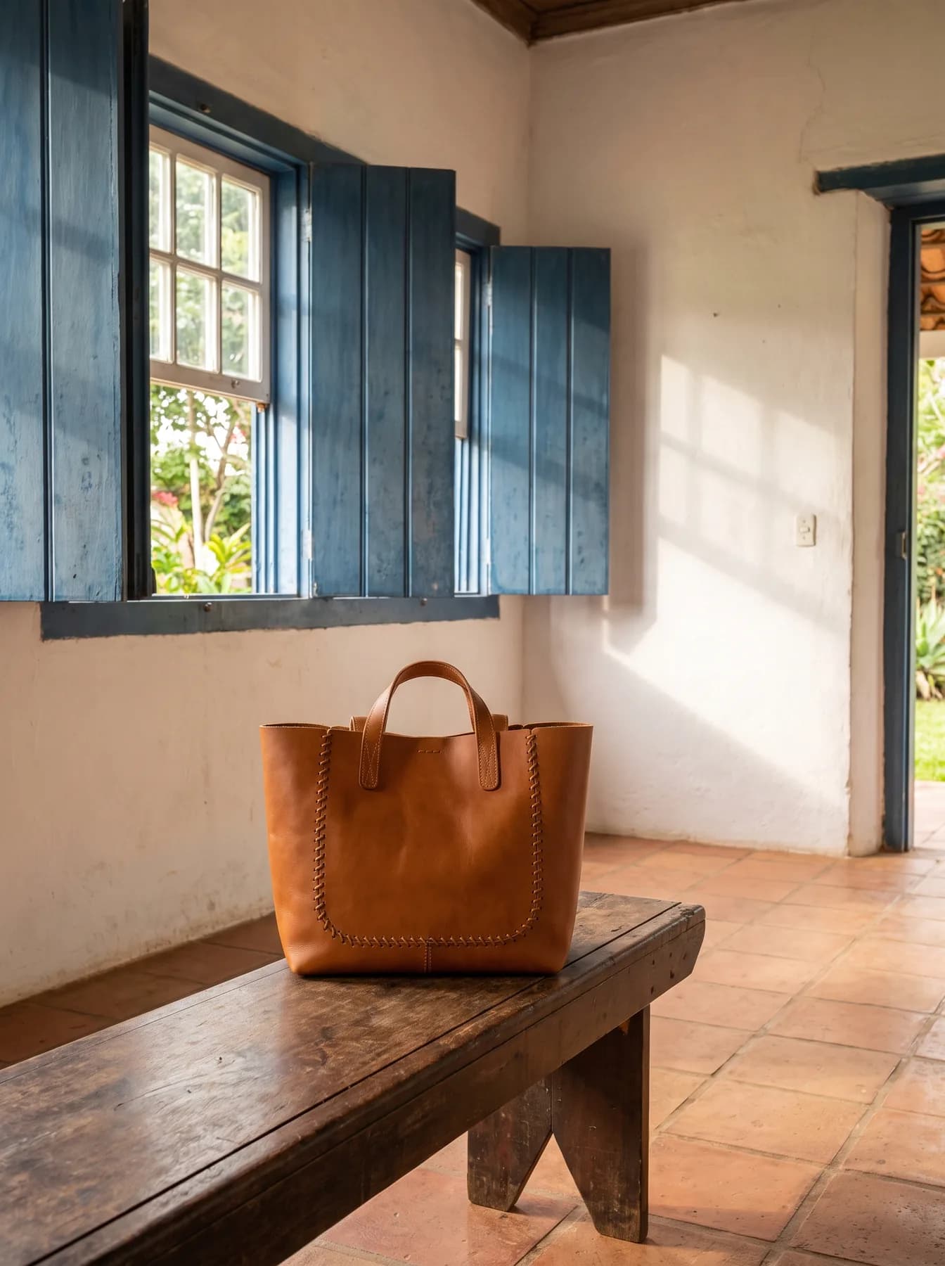 Bolsa de couro caramelo sobre banco de madeira numa casa colonial com janelas azuis