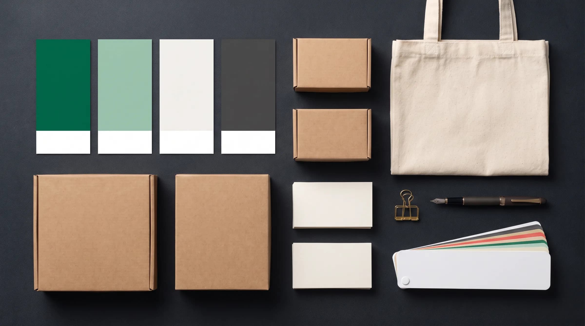 Kit de identidade de marca sobre mesa escura: amostras de cor em verde, embalagens kraft, sacola de pano e cartões