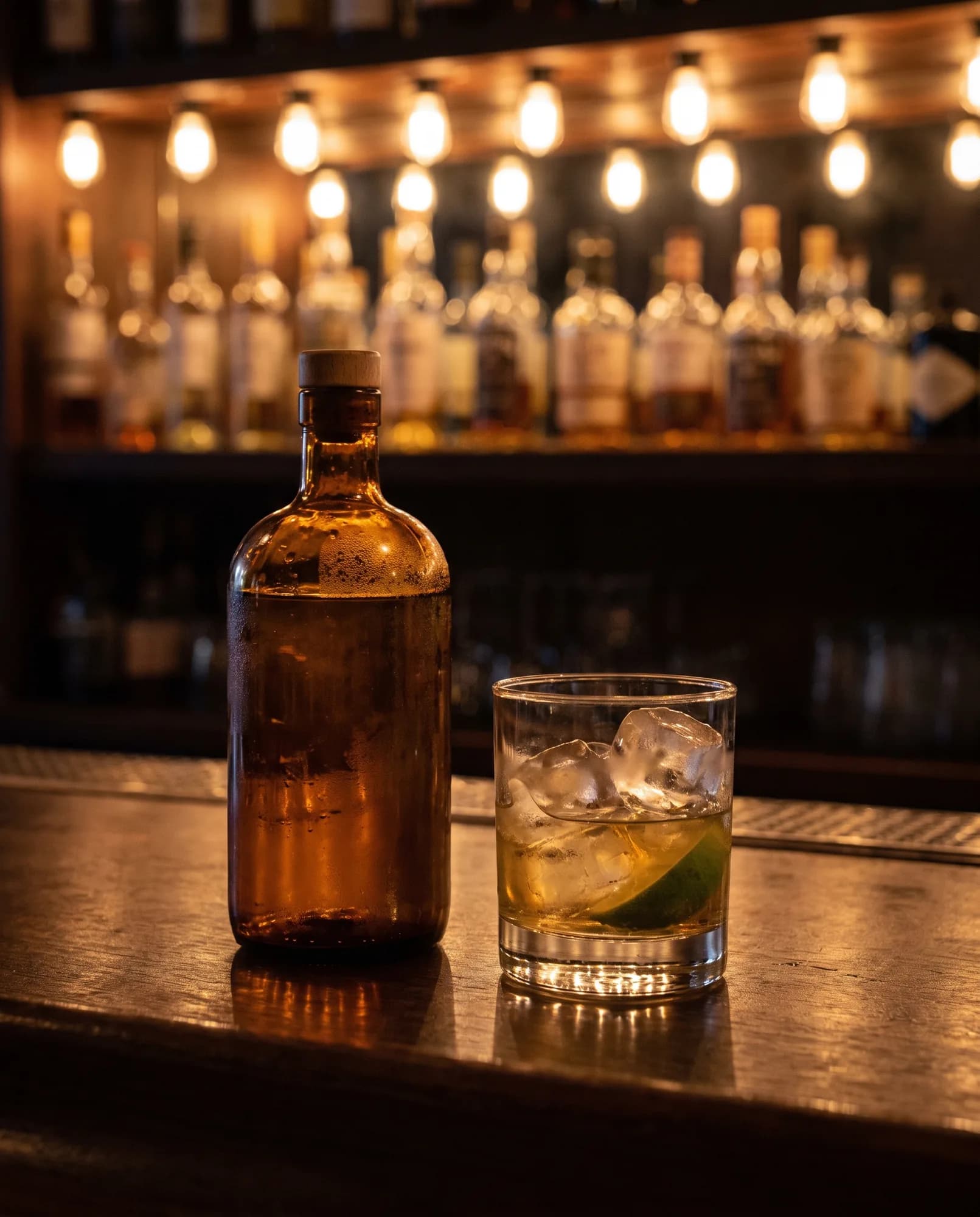 Garrafa de cachaça sem rótulo e copo com gelo e limão num balcão de bar