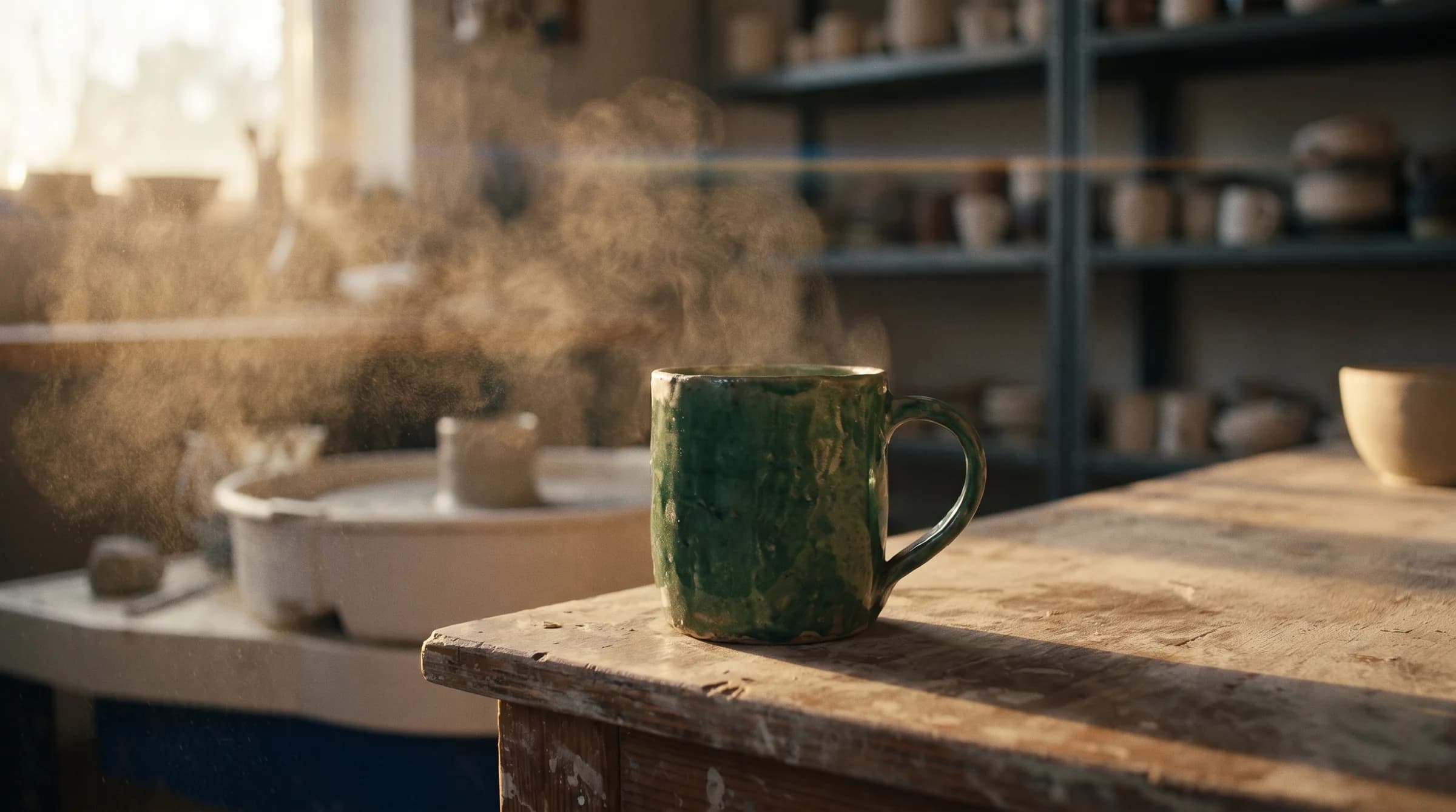 Caneca de cerâmica verde sobre bancada de madeira num ateliê com luz de fim de tarde