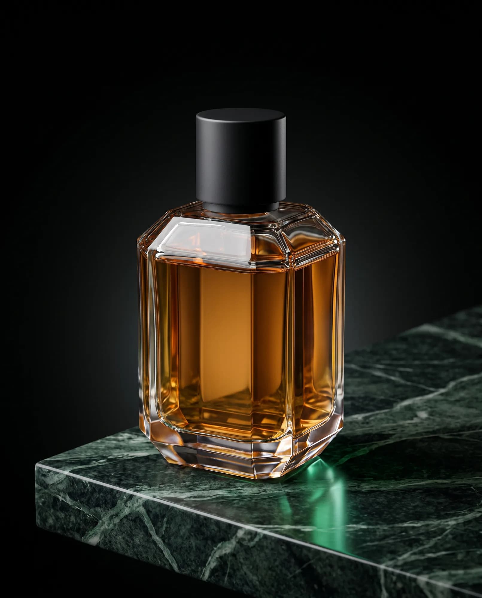 Frasco de perfume âmbar sobre mármore verde com fundo preto