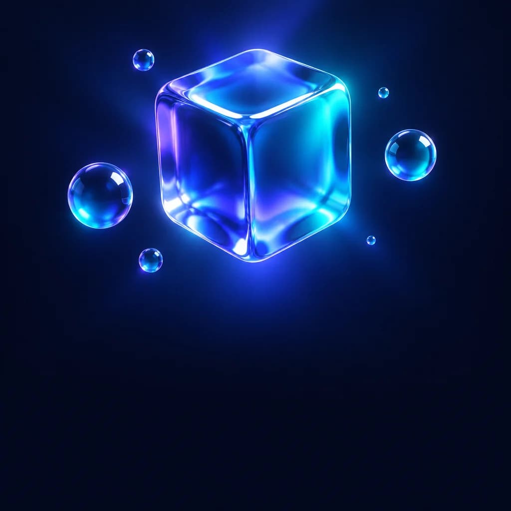 Cubo de vidro azul da Finnextho flutuando entre bolhas de luz, no quadrado