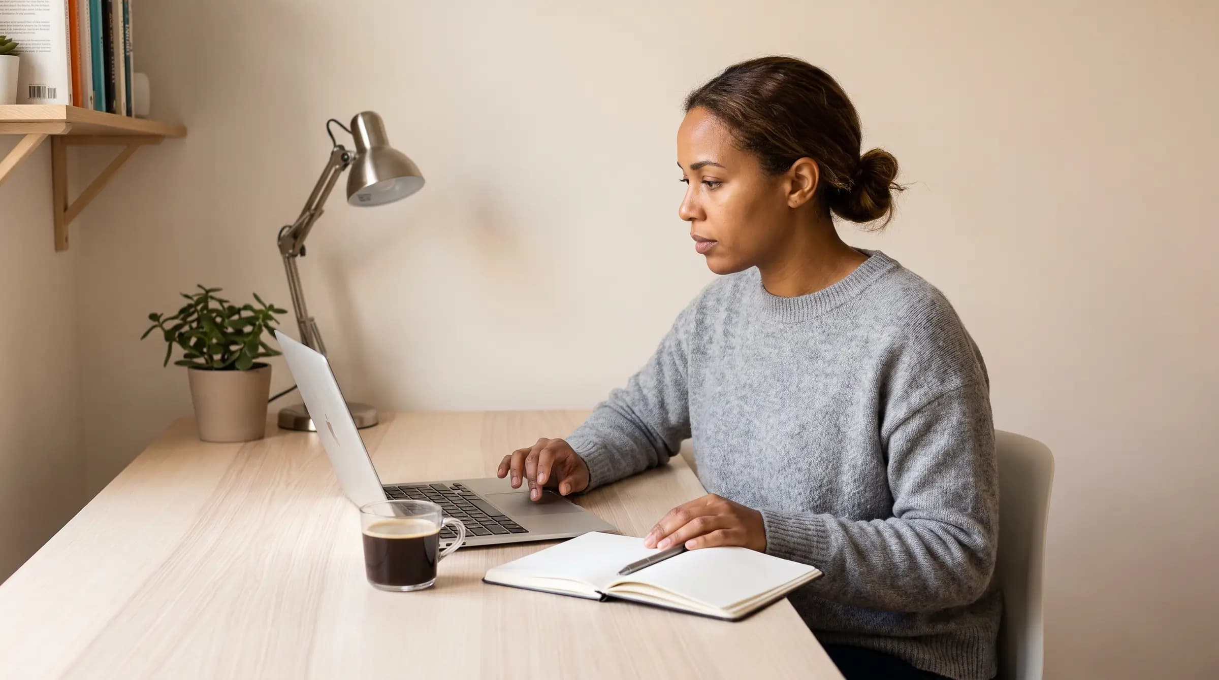 Mulher lendo no notebook em uma escrivaninha clara, com caderno, caneta e café ao lado
