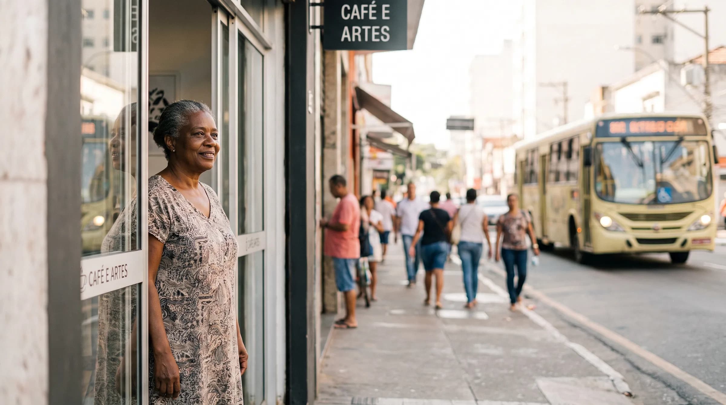 Dona de um café na porta do próprio comércio, de manhã, com a rua movimentada ao fundo