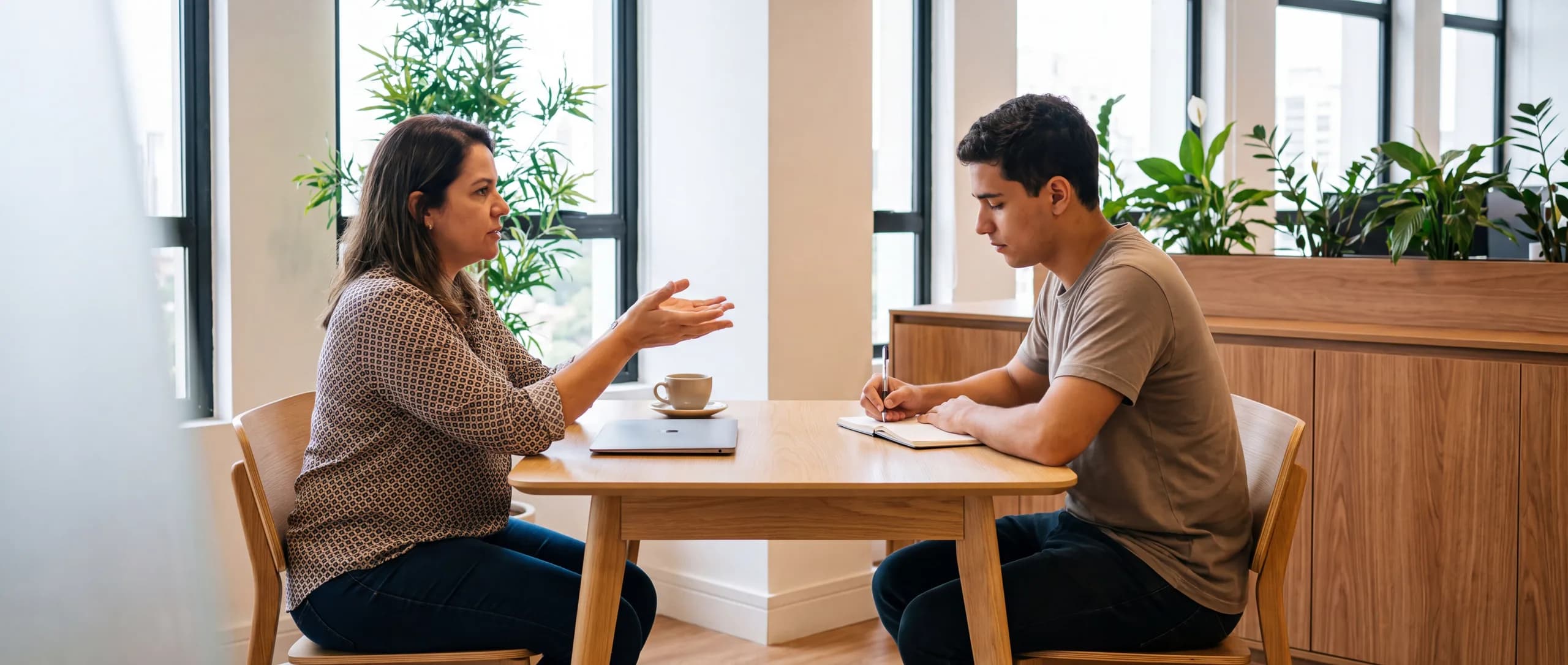 Duas pessoas conversando à mesa num escritório claro, uma explicando e a outra anotando