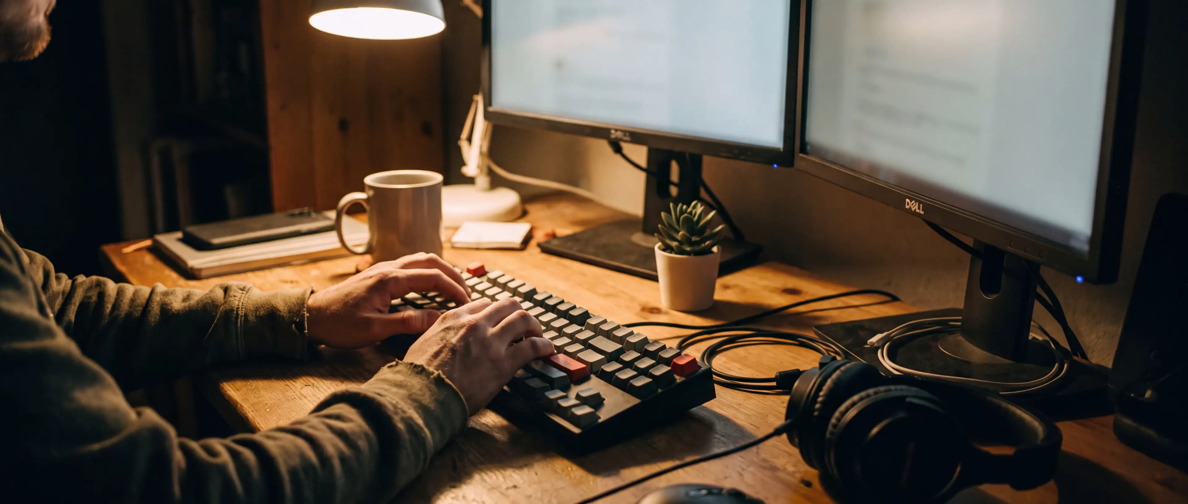 Mesa de desenvolvimento à noite: teclado mecânico, dois monitores apagados, fones e uma caneca sob a luz da luminária