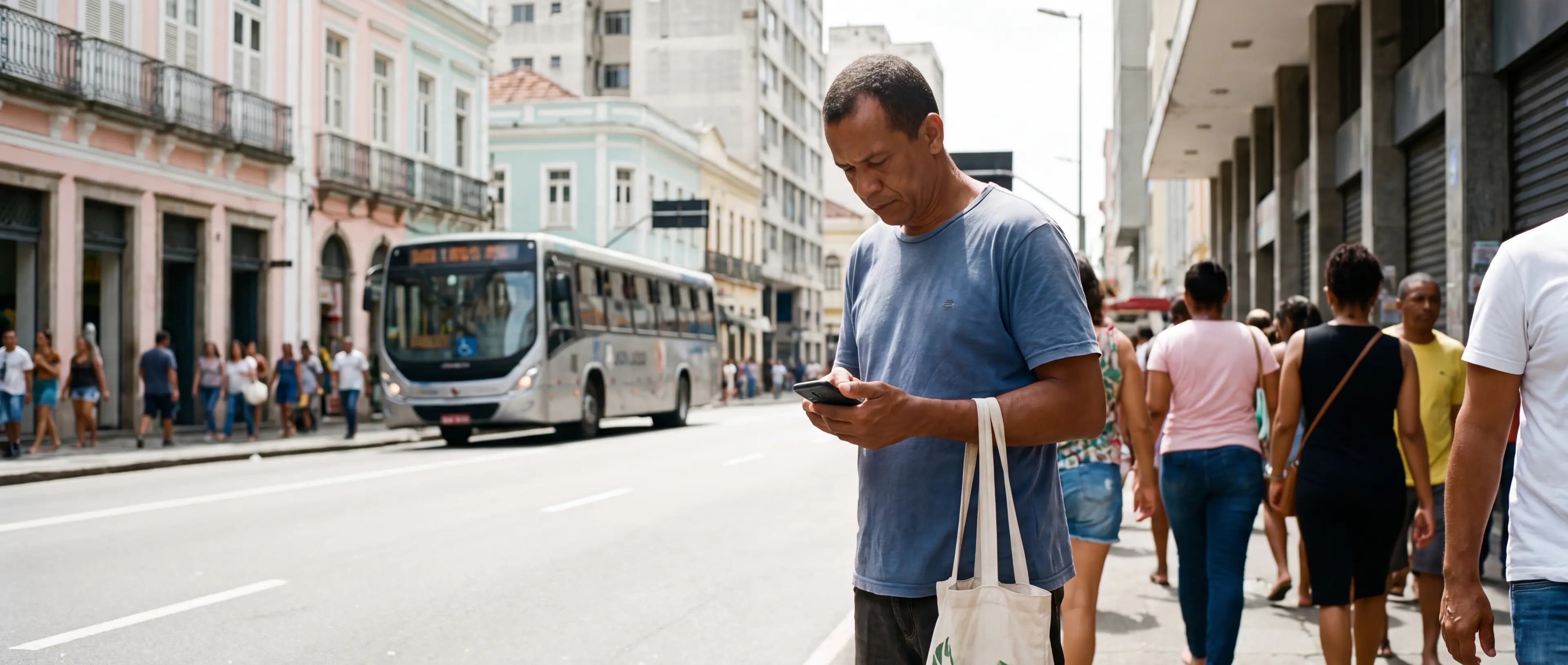 Homem parado na calçada de uma rua movimentada olhando o celular, com ônibus e prédios ao fundo