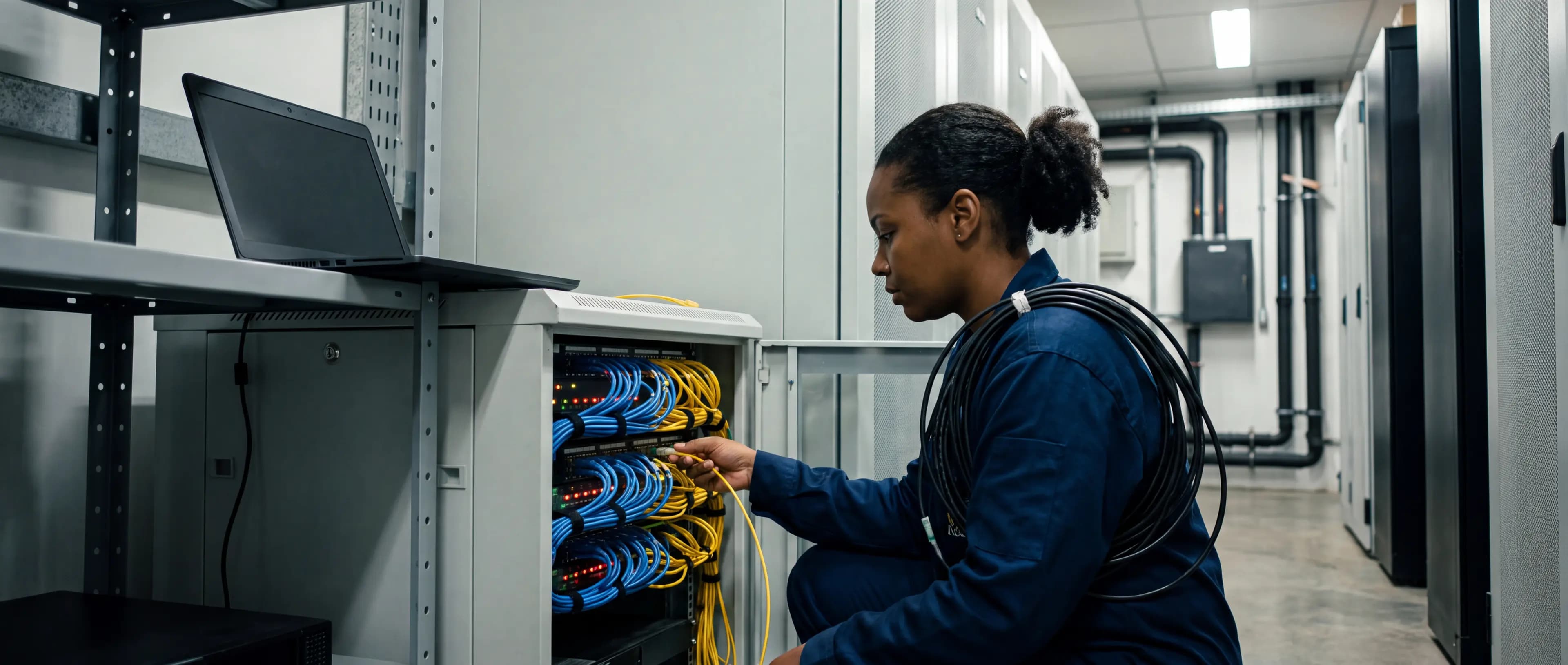 Técnica conectando um cabo de fibra num rack aberto, com cabeamento organizado em azul e amarelo