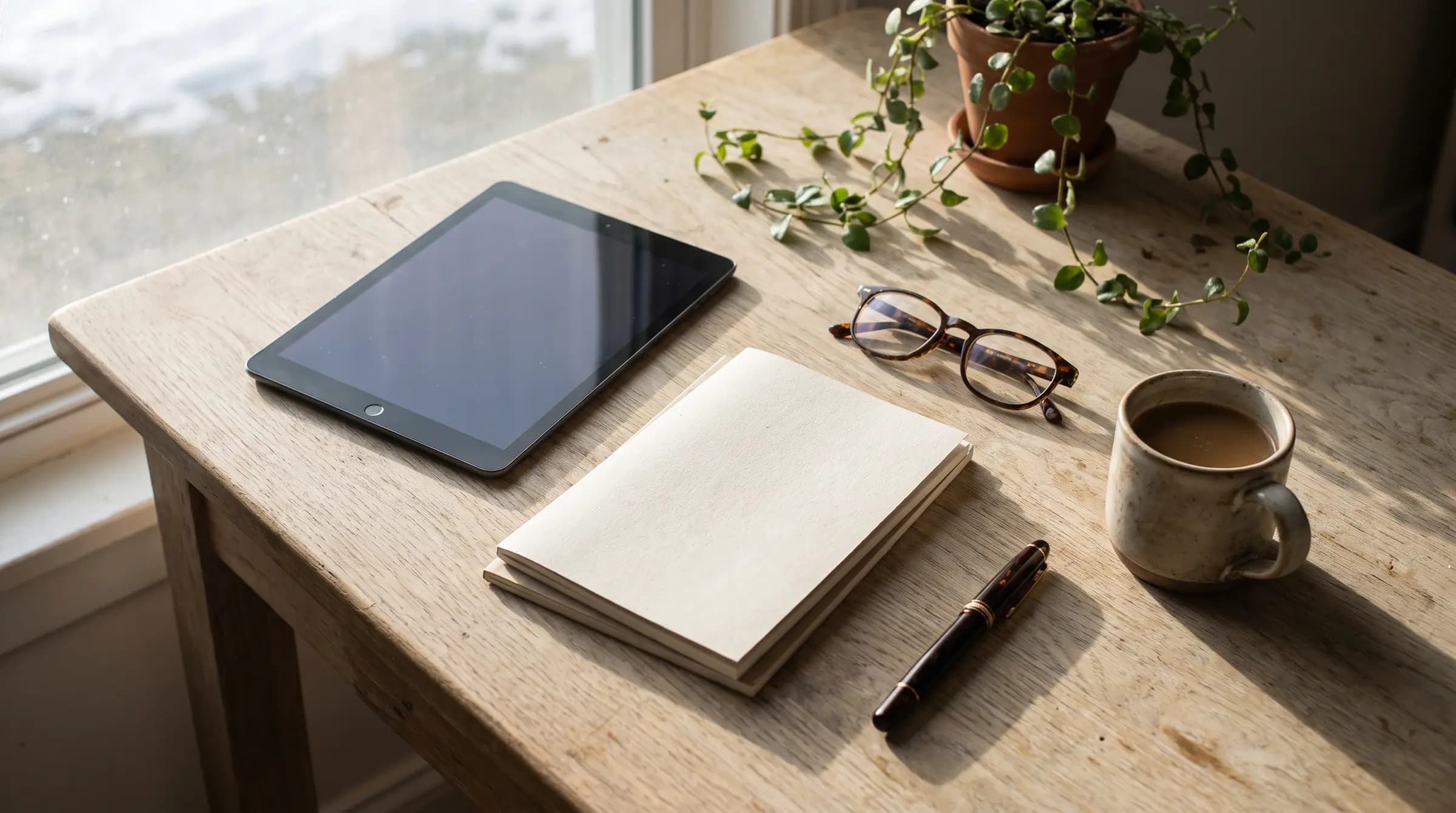 Mesa clara com um tablet apagado, cadernos em branco, óculos de leitura e um café