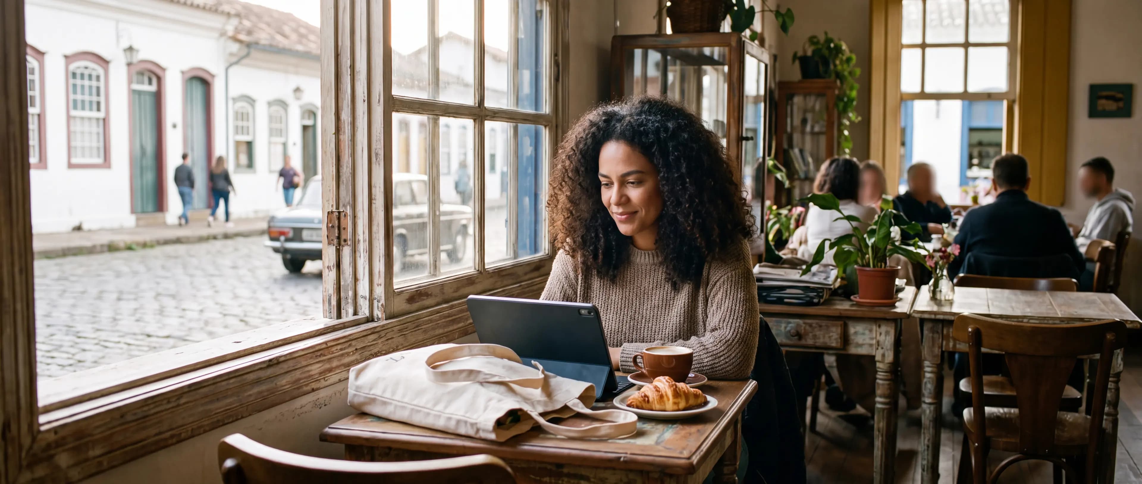 Mulher lendo num tablet à mesa de um café, junto à janela, com a rua de pedra lá fora