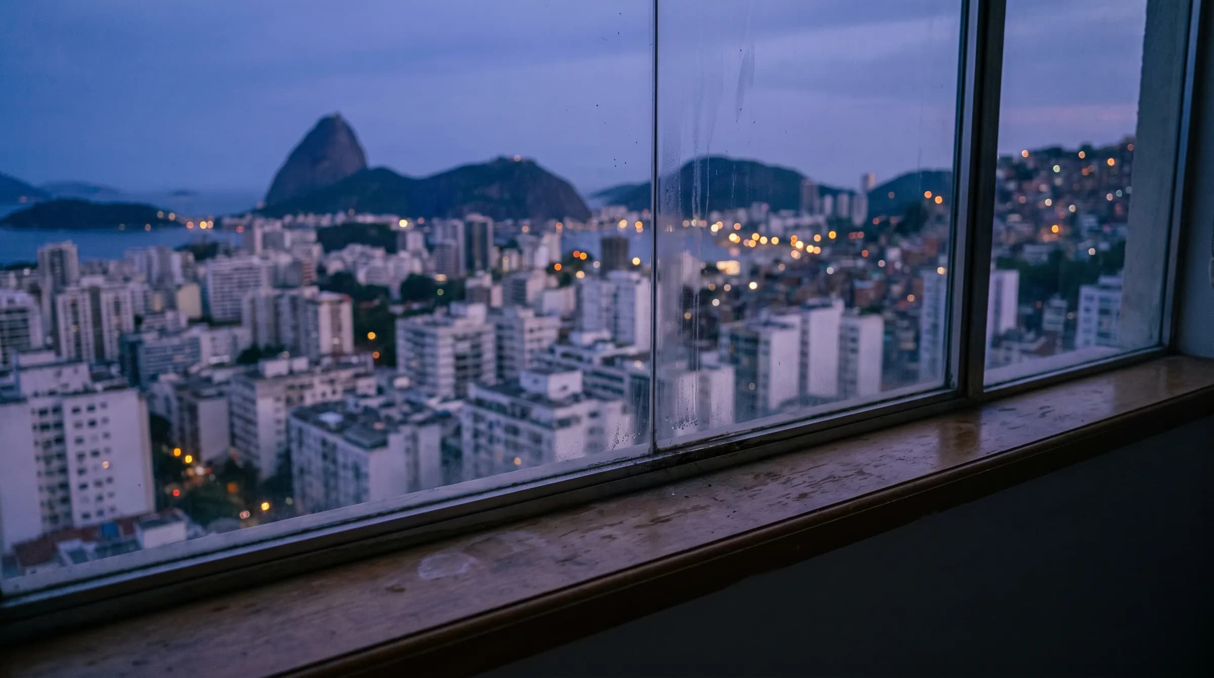 Vista da cidade do Rio de Janeiro ao entardecer, através da janela de um apartamento