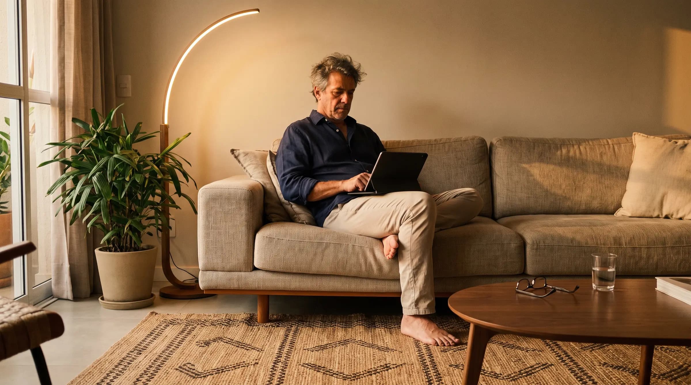 Homem sentado no sofá de uma sala contemporânea, com o notebook no colo, no fim da tarde