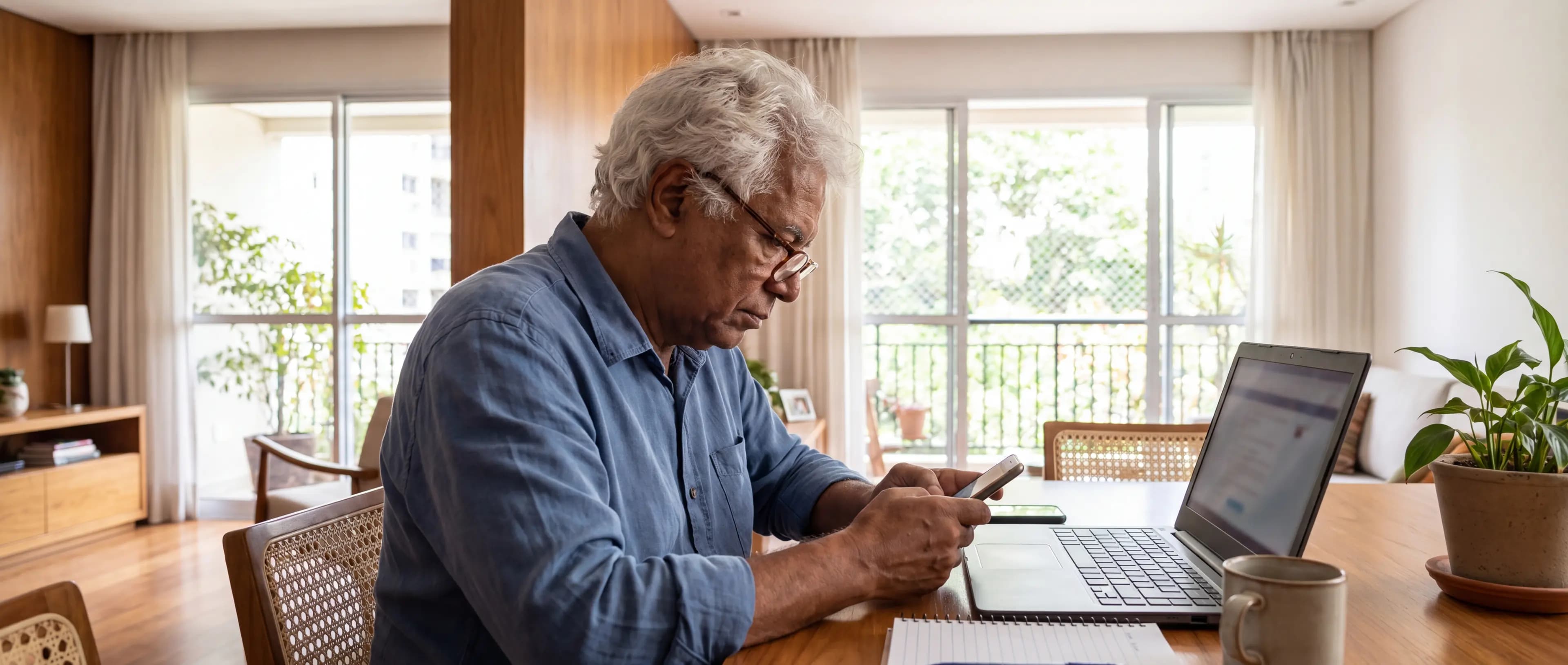 Homem mais velho configurando algo no celular à mesa de casa, com o notebook aberto ao lado