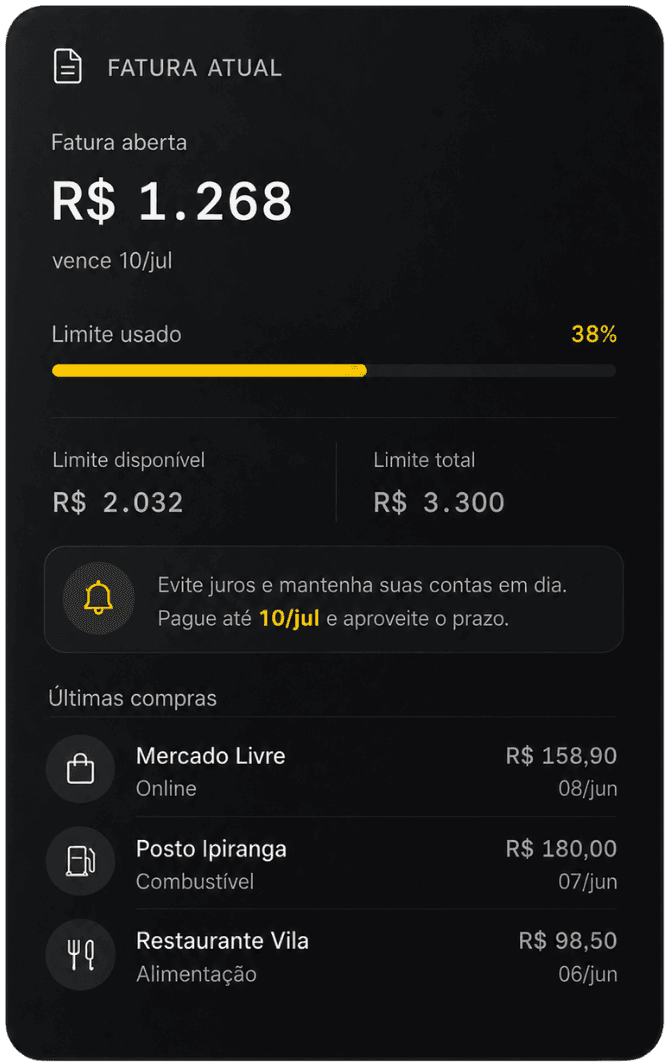 Fatura atual com as últimas compras já na categoria: Mercado Livre, Posto Ipiranga e Restaurante Vila