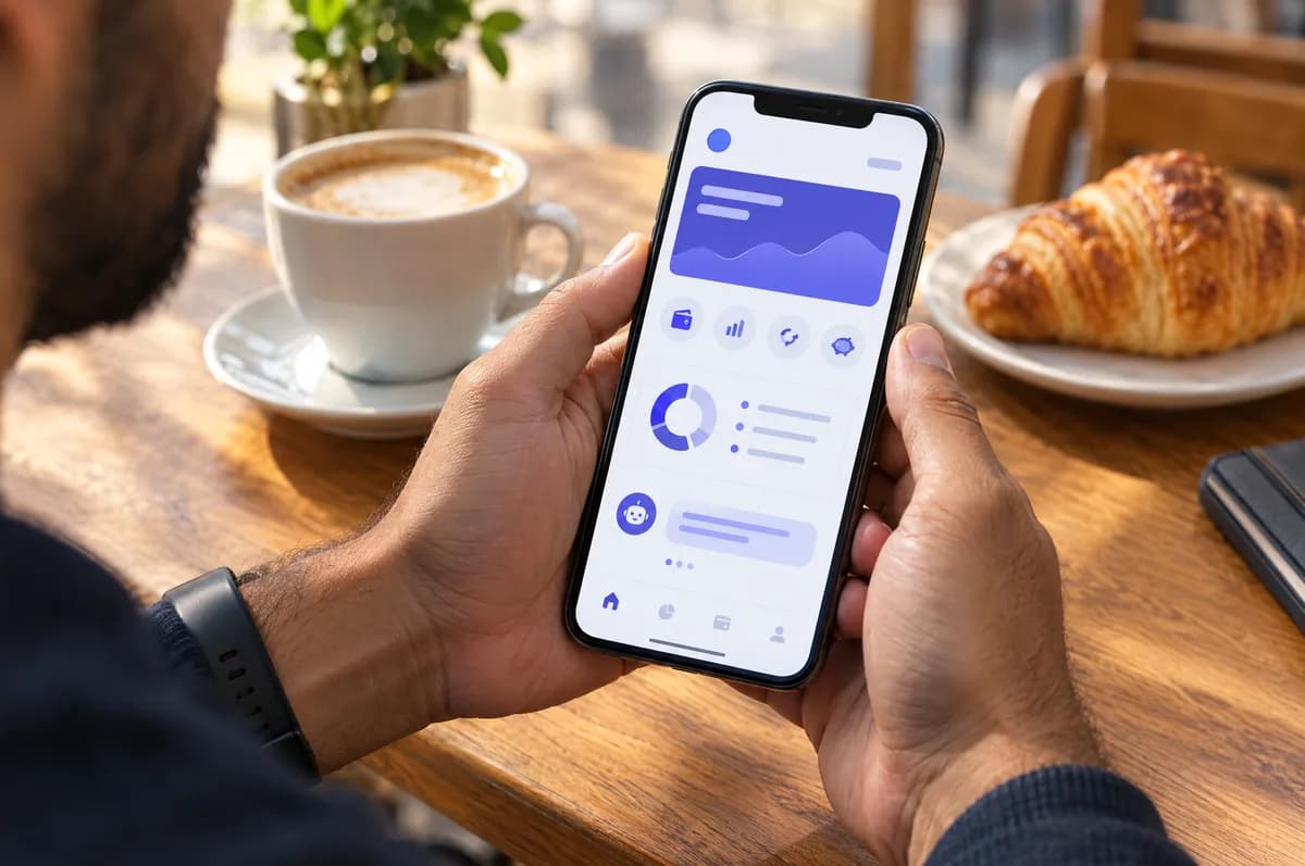 Mãos segurando o celular com o app de finanças pessoais, num café pela manhã