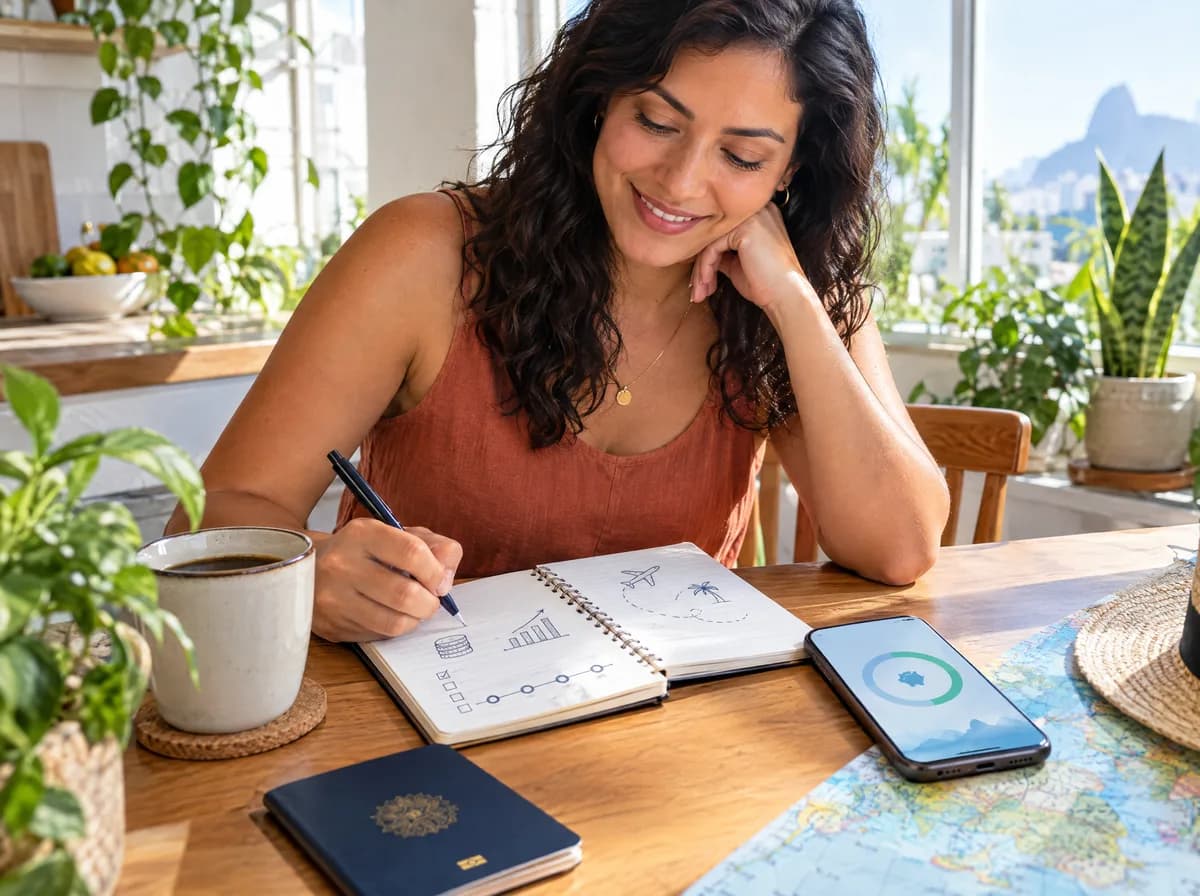 Mulher planejando uma viagem à mesa, com caderno, passaporte e o celular mostrando a meta