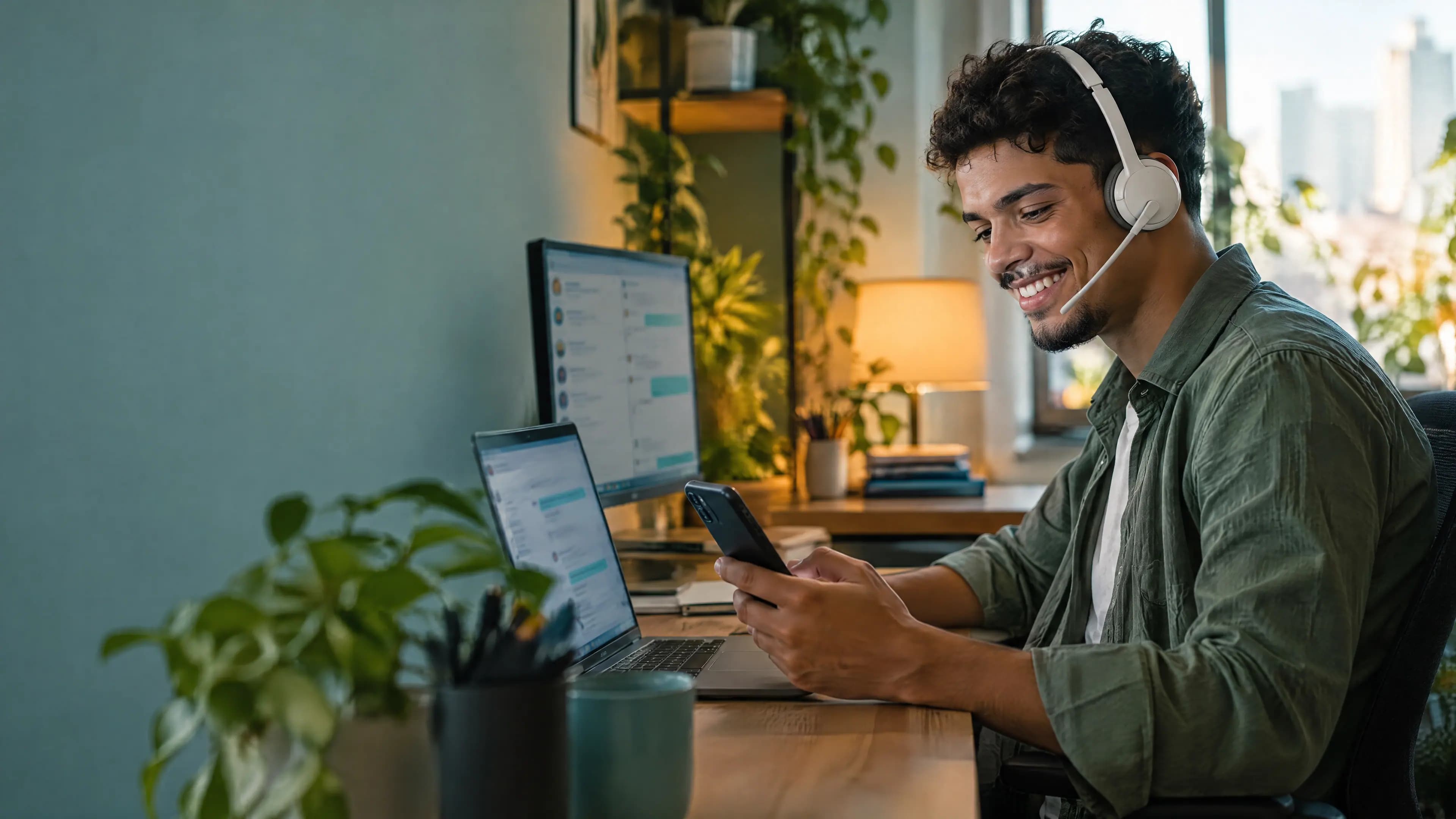 Atendente com fone de ouvido responde um cliente pelo celular, com o painel de chamados no monitor