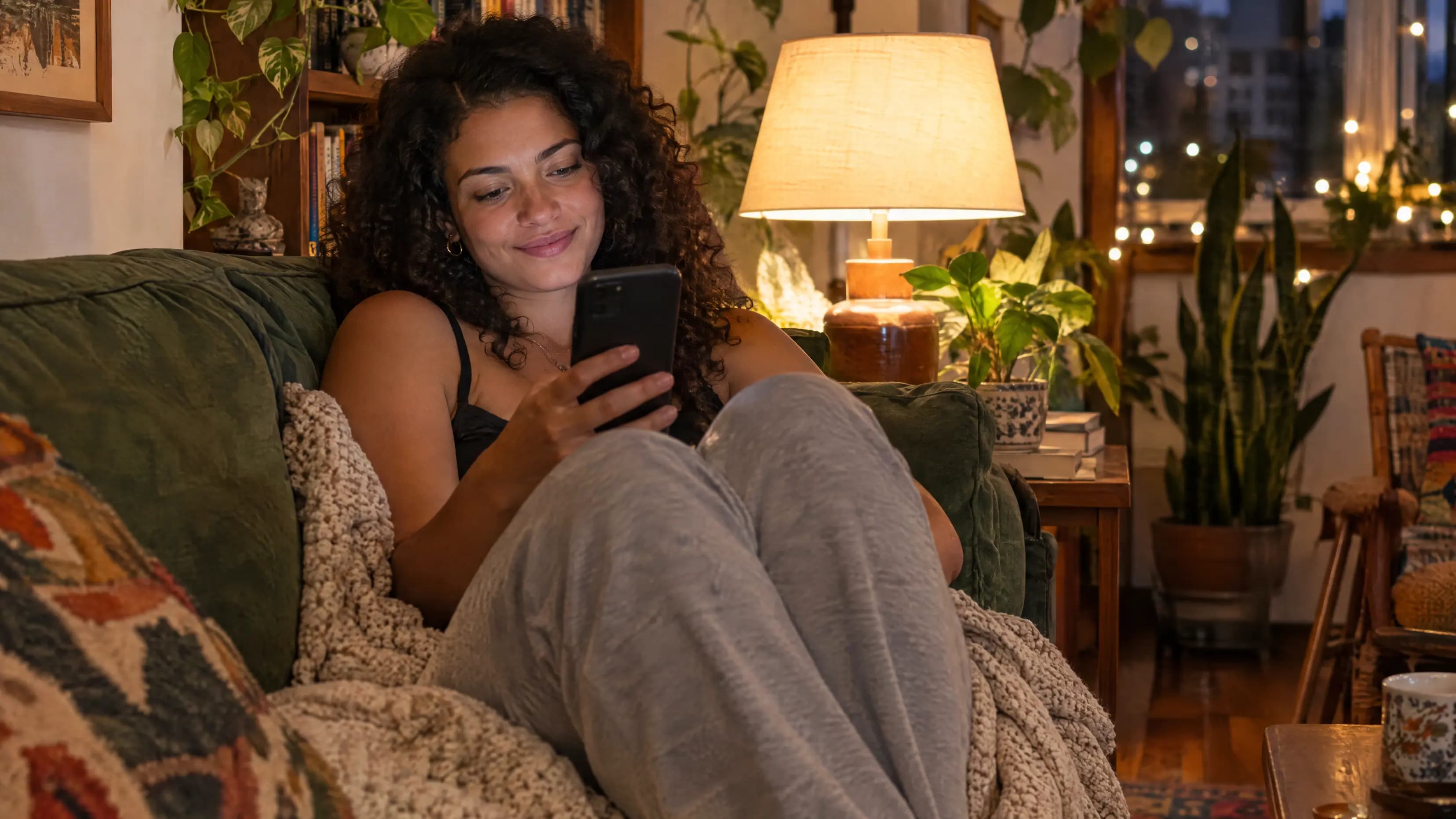 Mulher encolhida no sofá da sala, à noite, sorri para o celular ao lado do abajur