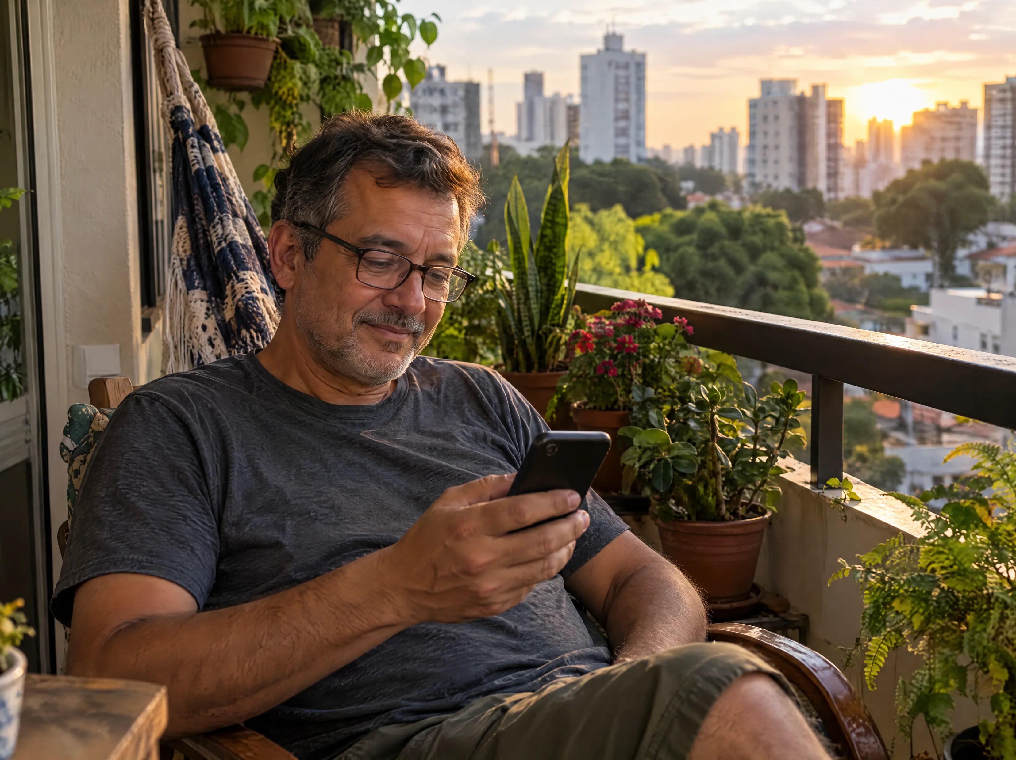 Senhor de óculos lê com calma no celular, na varanda do apartamento, no fim da tarde