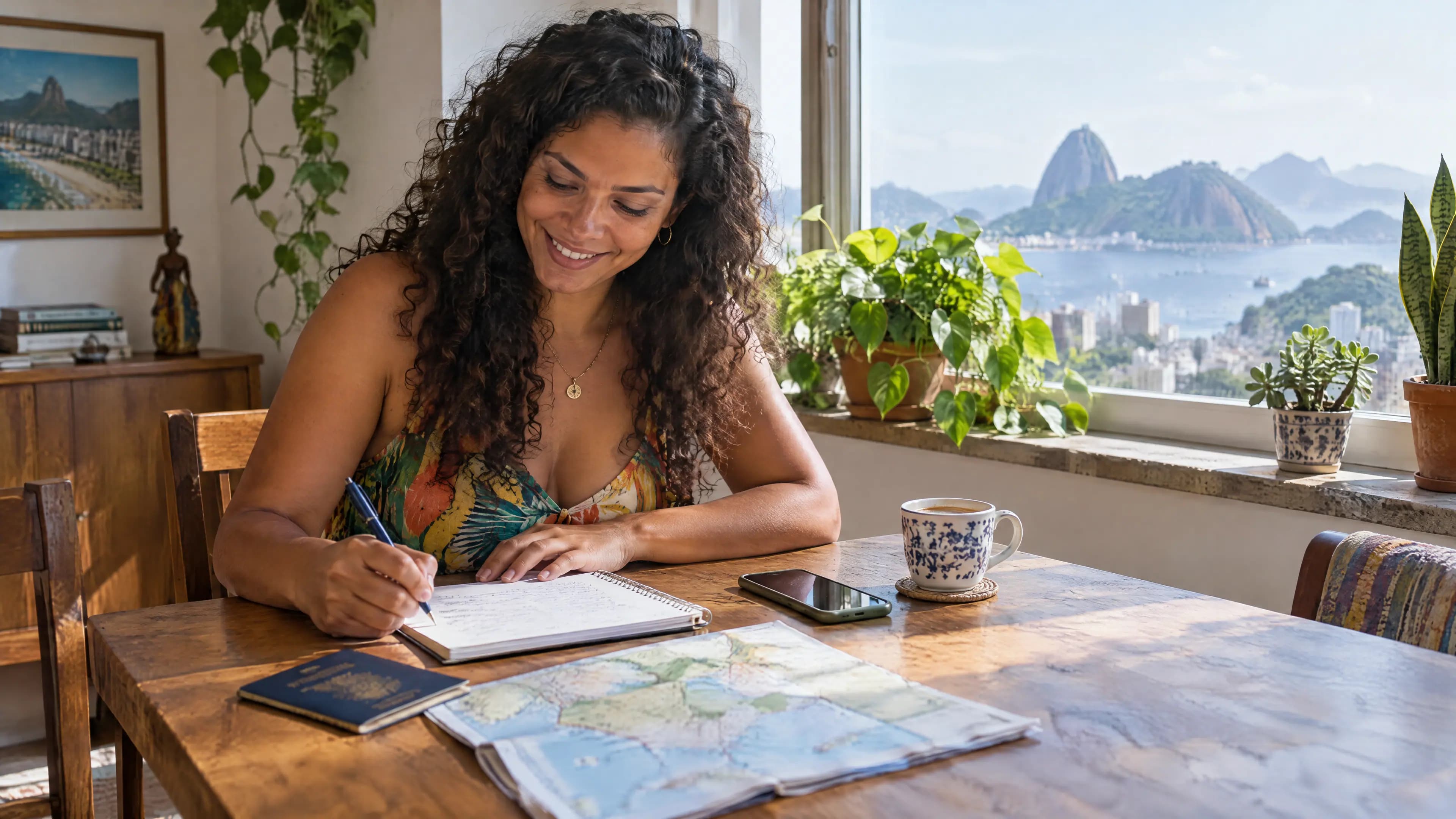 Mulher planeja uma viagem à mesa, com caderno, passaporte e mapa, e o Pão de Açúcar pela janela