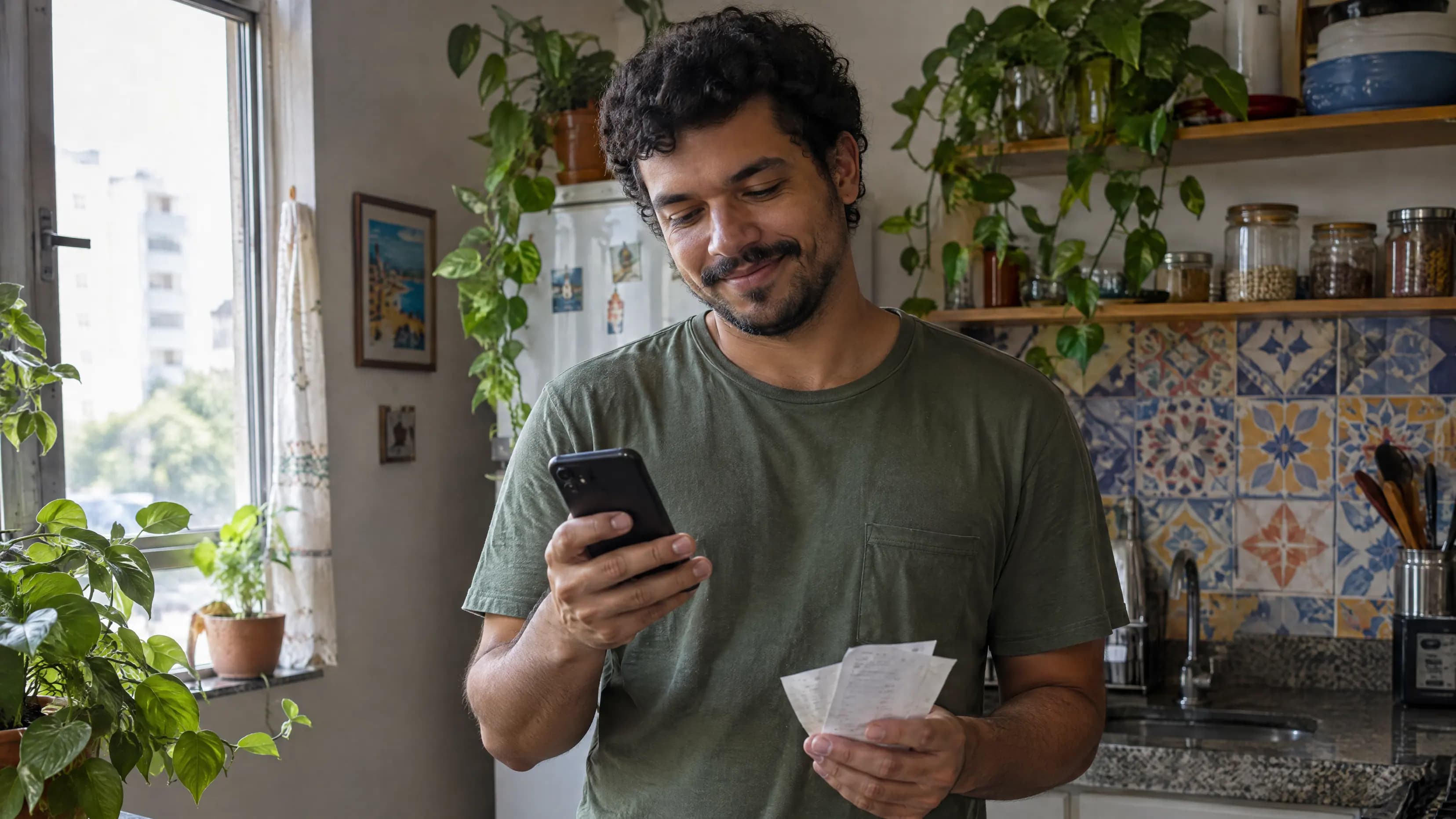 Rapaz confere no celular os comprovantes do mercado, de pé na cozinha de casa