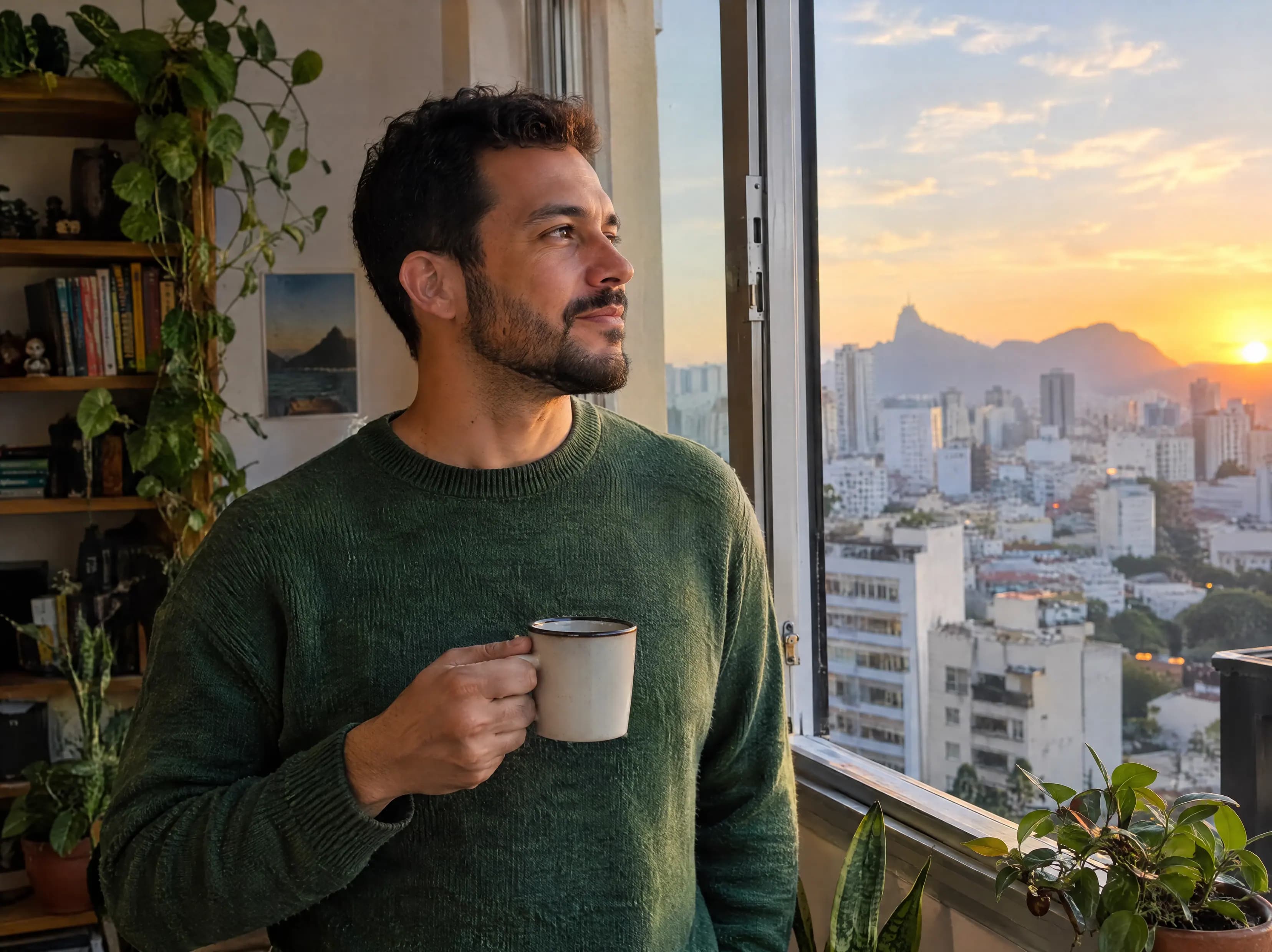 Homem à janela com uma xícara, olhando a cidade ao nascer do sol