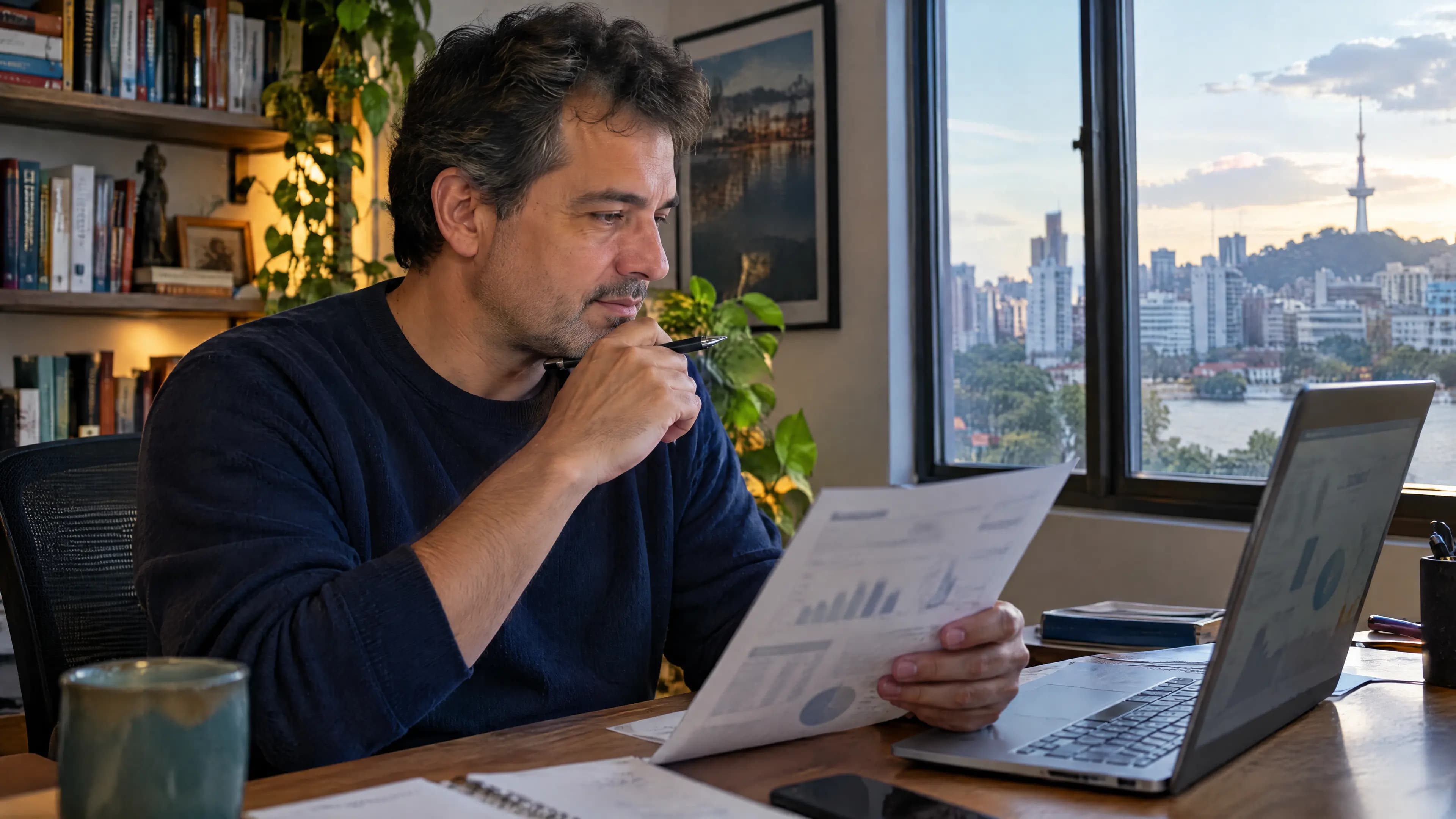 Homem no escritório de casa, no fim da tarde, lê com calma um extrato de investimentos ao lado do notebook