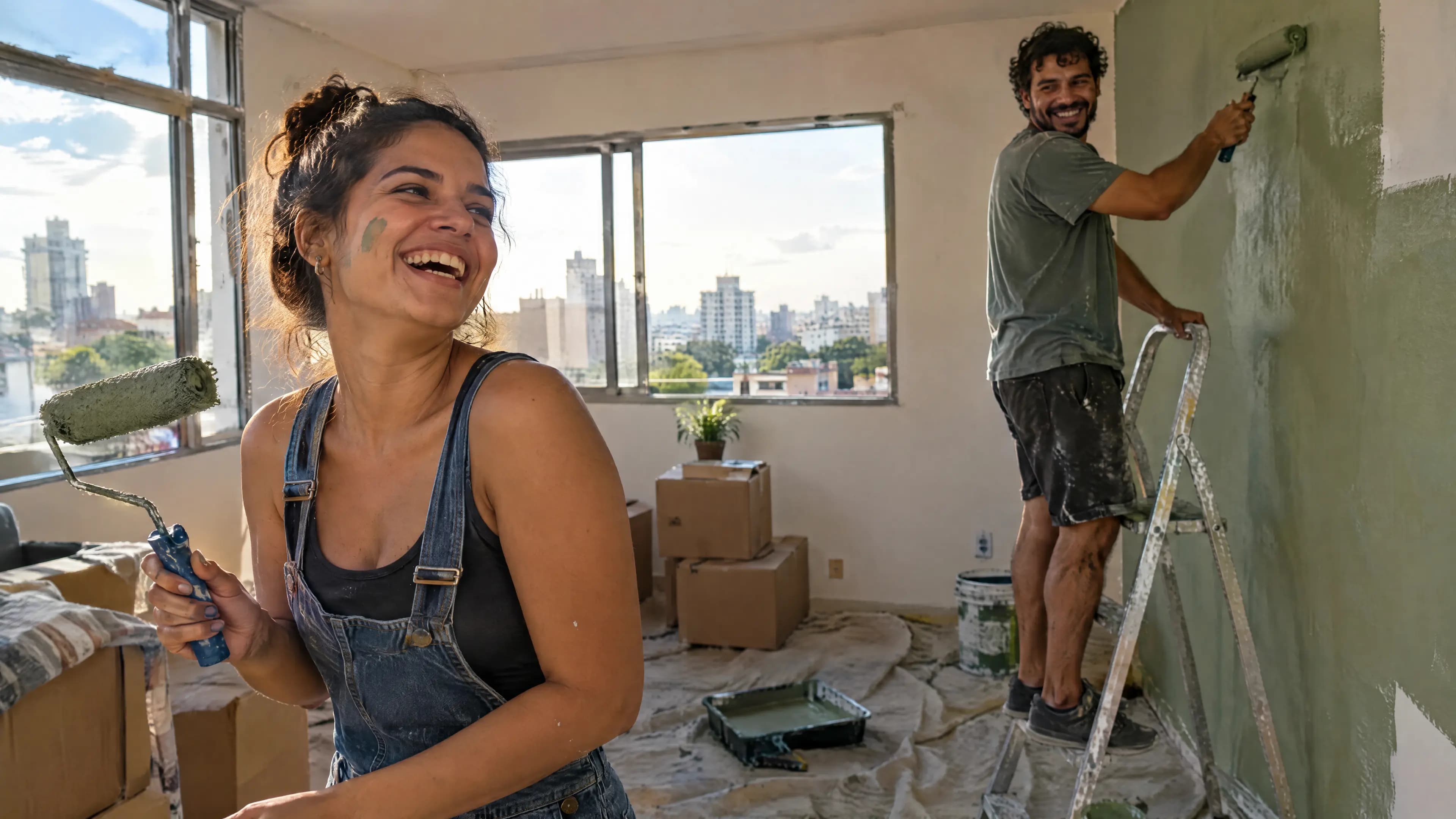 Casal jovem pinta as paredes do primeiro apartamento, entre caixas de mudança, ela rindo com tinta no rosto e ele na escada
