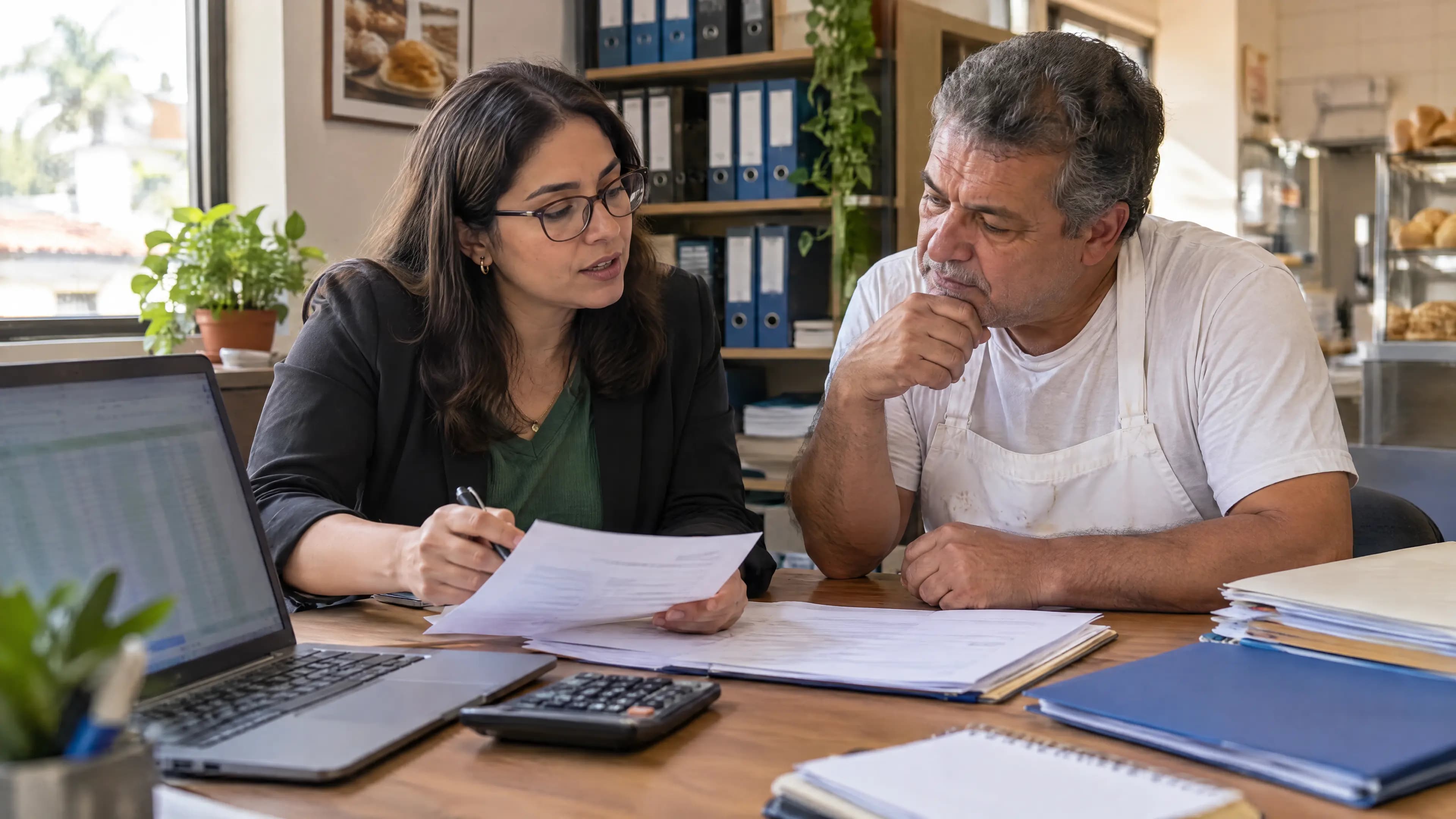 Contadora explica a mudança dos tributos a um padeiro de avental, com notas, calculadora e notebook sobre a mesa