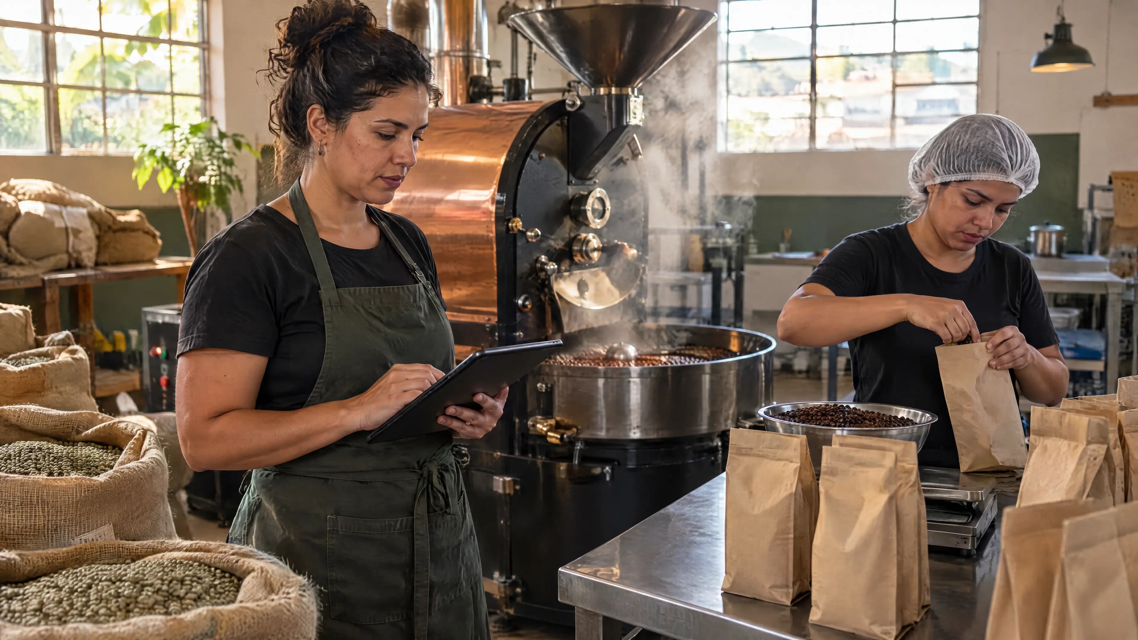 Supervisora de uma torrefação de café confere a produção no tablet ao lado do torrador, enquanto uma funcionária embala os grãos