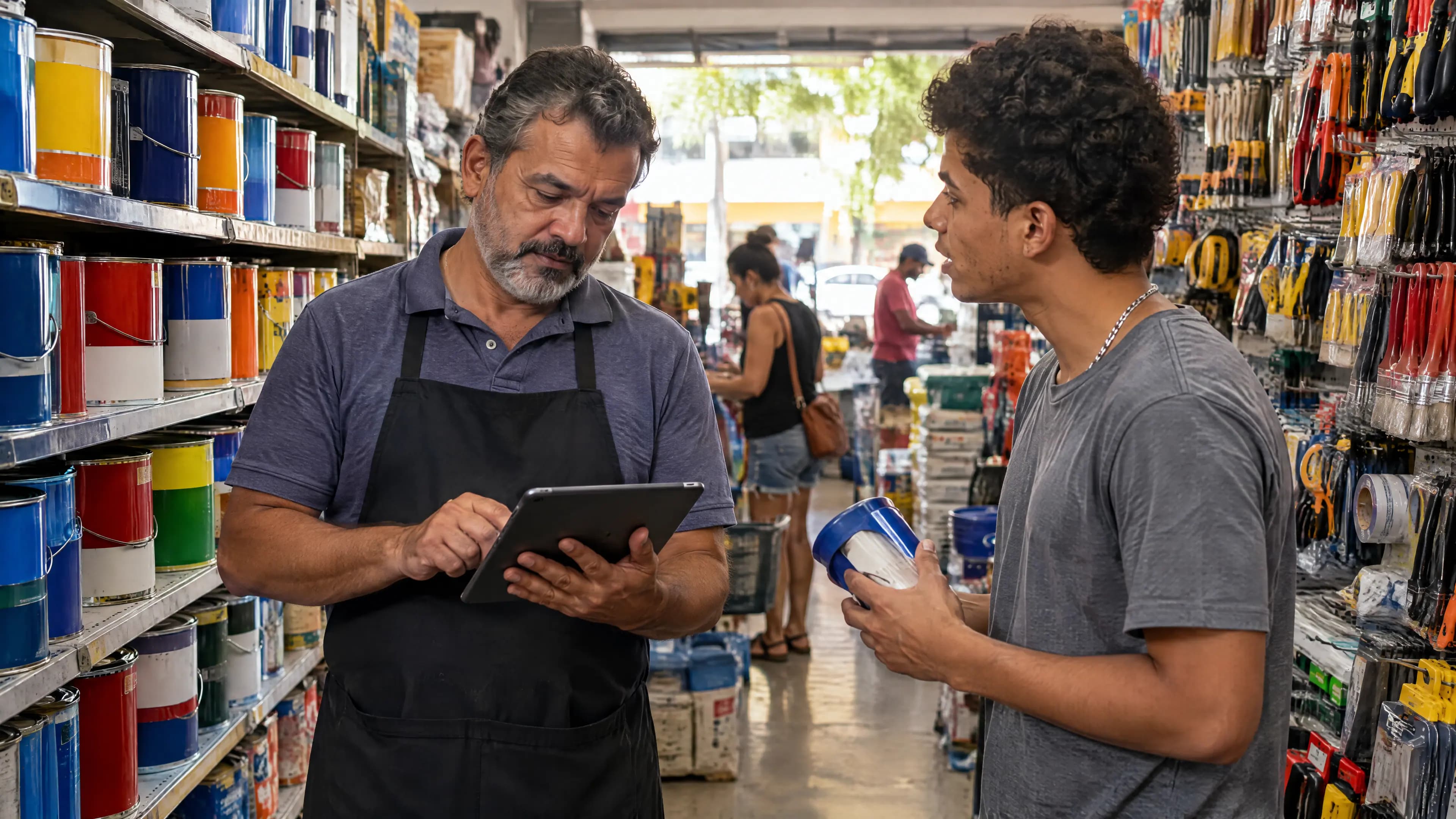 Dono de loja de materiais de construção consulta o estoque no tablet enquanto atende um cliente no corredor de tintas